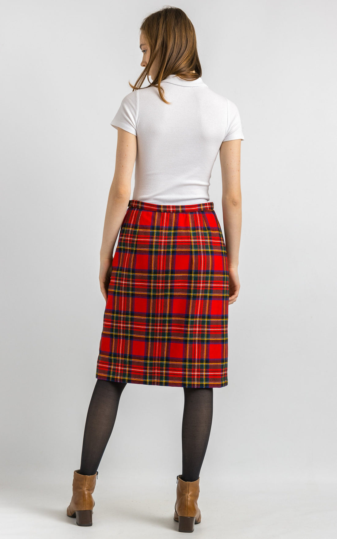 80s Vintage Tartan Plaid Wool Scottish Kilt, Midi Skirt in Red