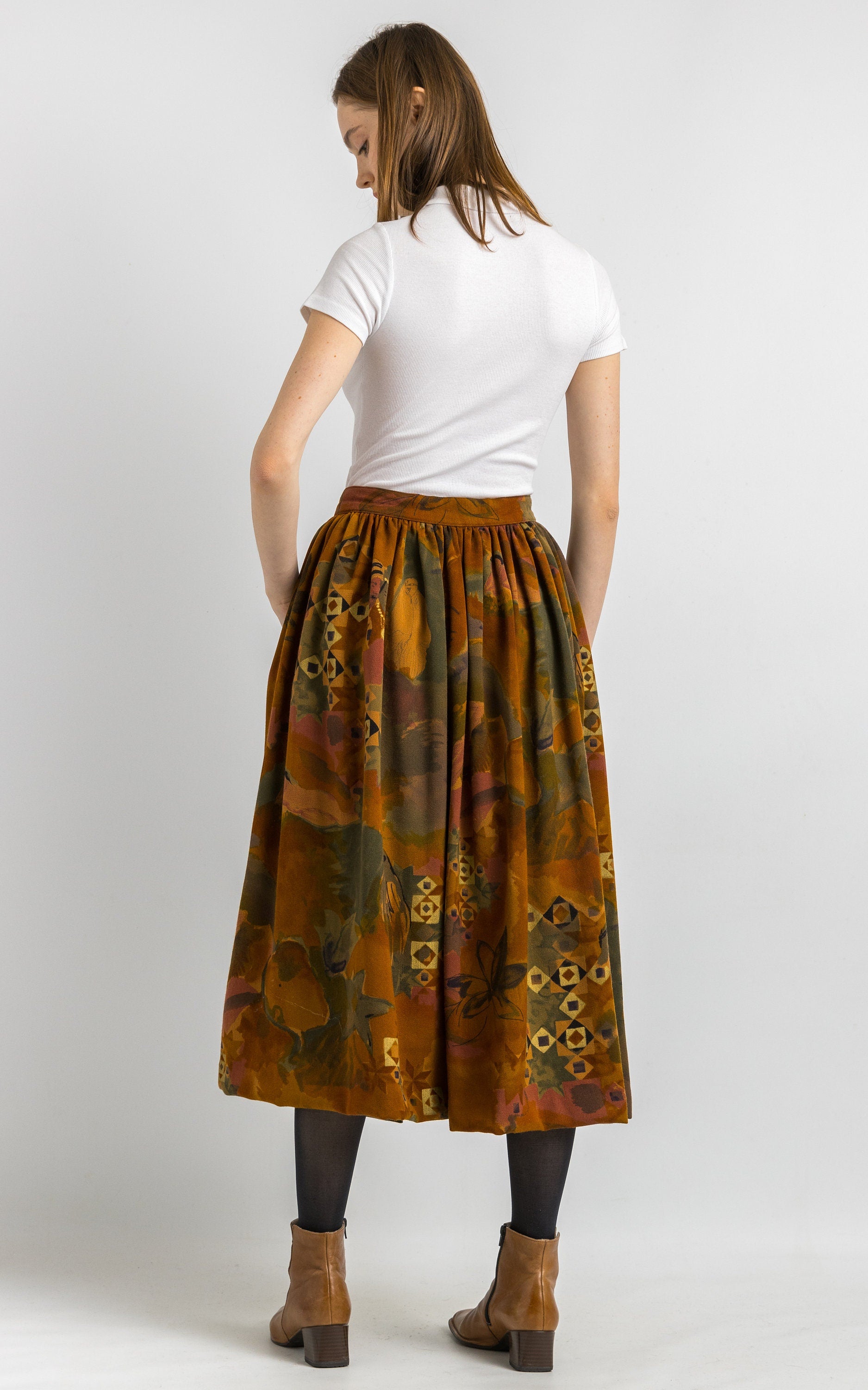 ESCADA VINTAGE 1980s skirt, vibrant brown 80s Escada original midi skirt, layered frilled waist vintage skirt