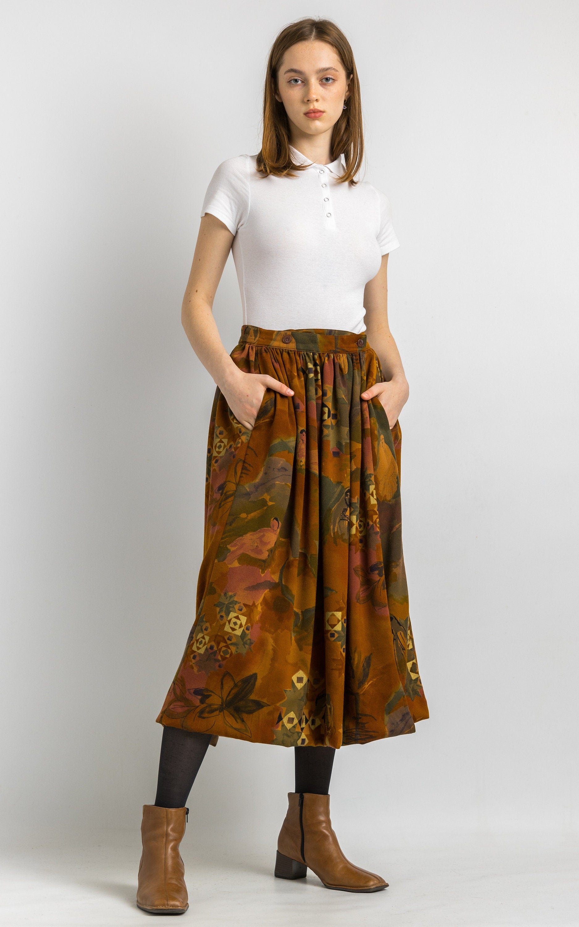 ESCADA VINTAGE 1980s skirt, vibrant brown 80s Escada original midi skirt, layered frilled waist vintage skirt