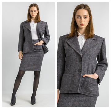 YVES SAINT LAURENT suit, 80s gray wool high waisted pencil skirt suit with buttons, elegant Ysl jacket and skirt set.