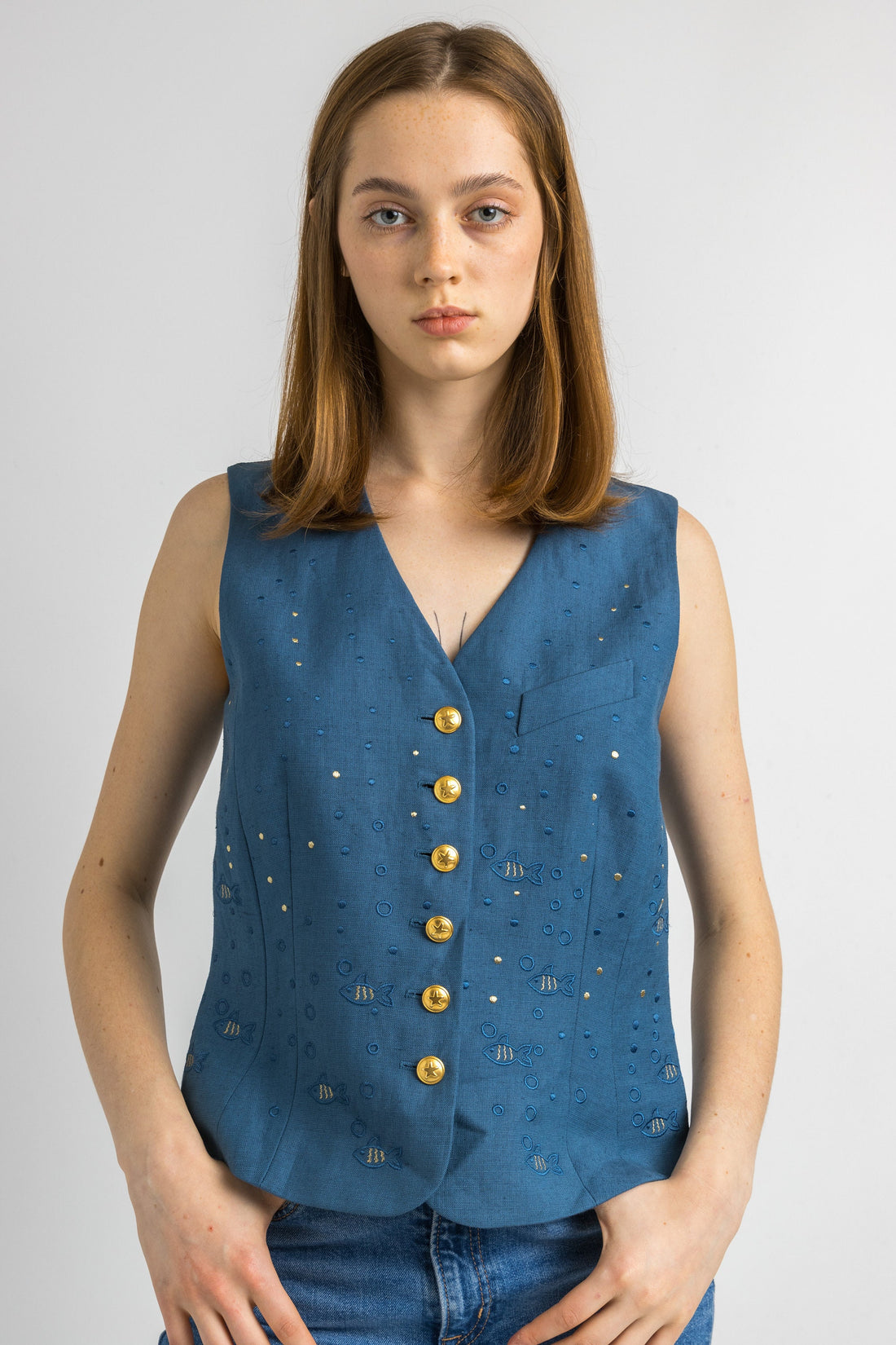 80s Vintage LAUREL Escada Silk Linen Vest / Embroidered Vest / Woman Blue Buttons Vest / Woman Vest / Designer Laurel Clothing size Small