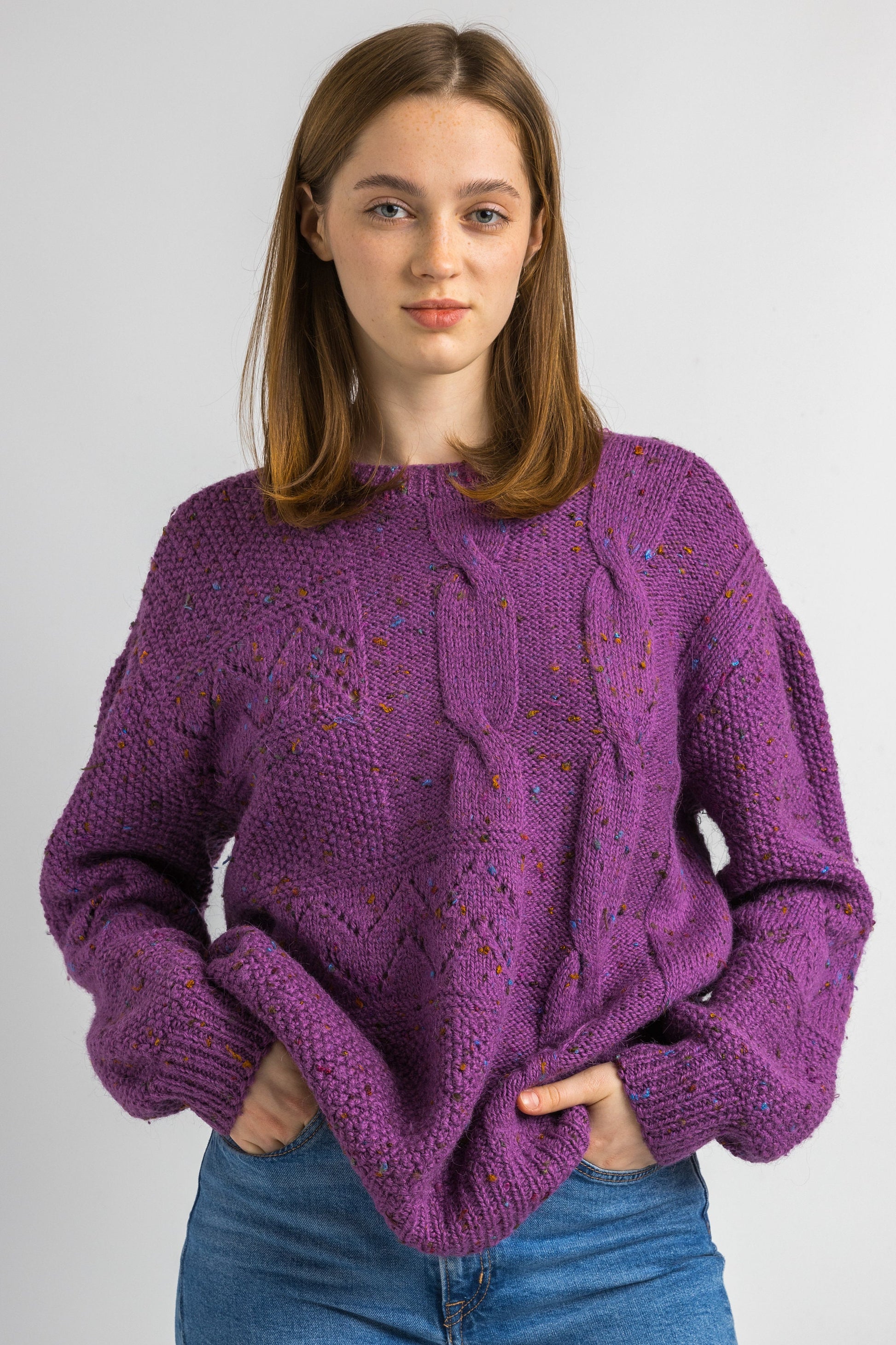 70s Vintage Handknitted Pattern Cozy Purple Pullover Jumper Top Sweater Large/ Vintage Woman Pattern Jumper Pullover