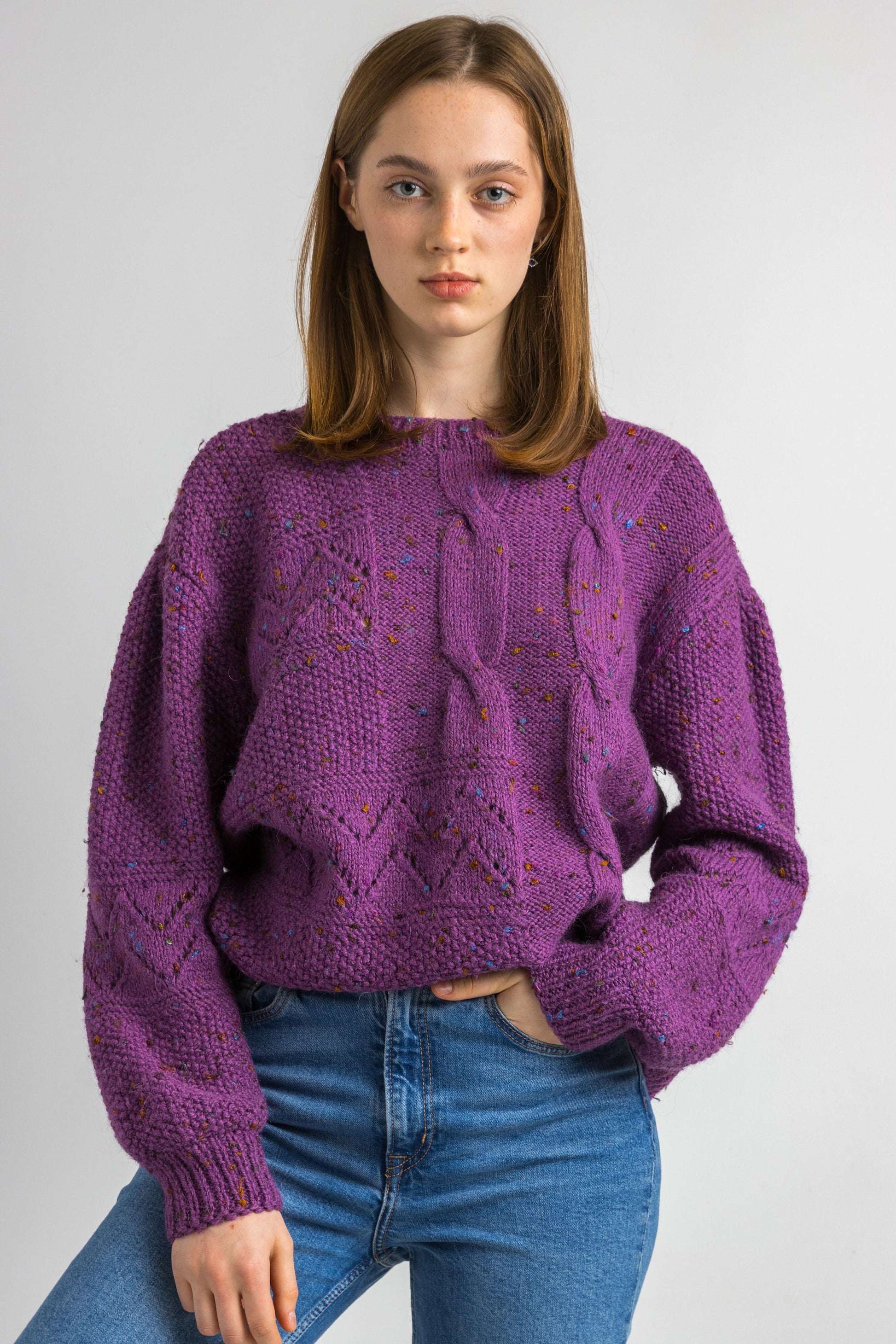 70s Vintage Handknitted Pattern Cozy Purple Pullover Jumper Top Sweater Large/ Vintage Woman Pattern Jumper Pullover