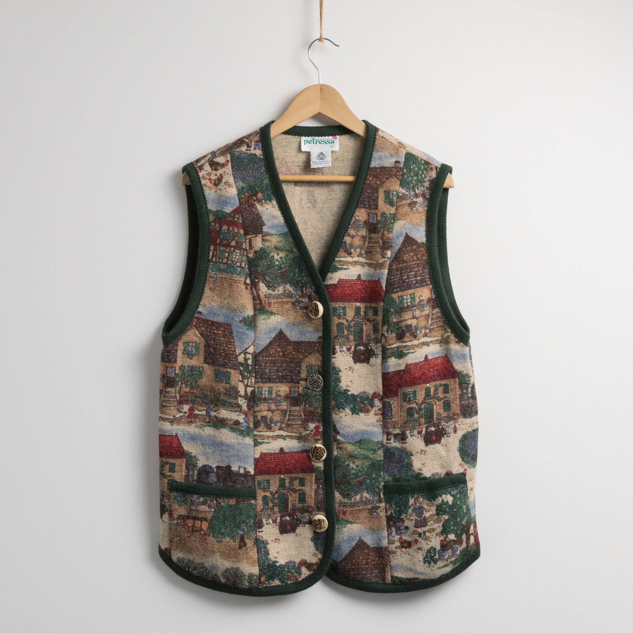 70s Wolkenstricker Vest 80s West Germany Vest Folk Print Wool Buttons Vest Tyrolean Bavarian Relaxed Outwear Fit Medium size