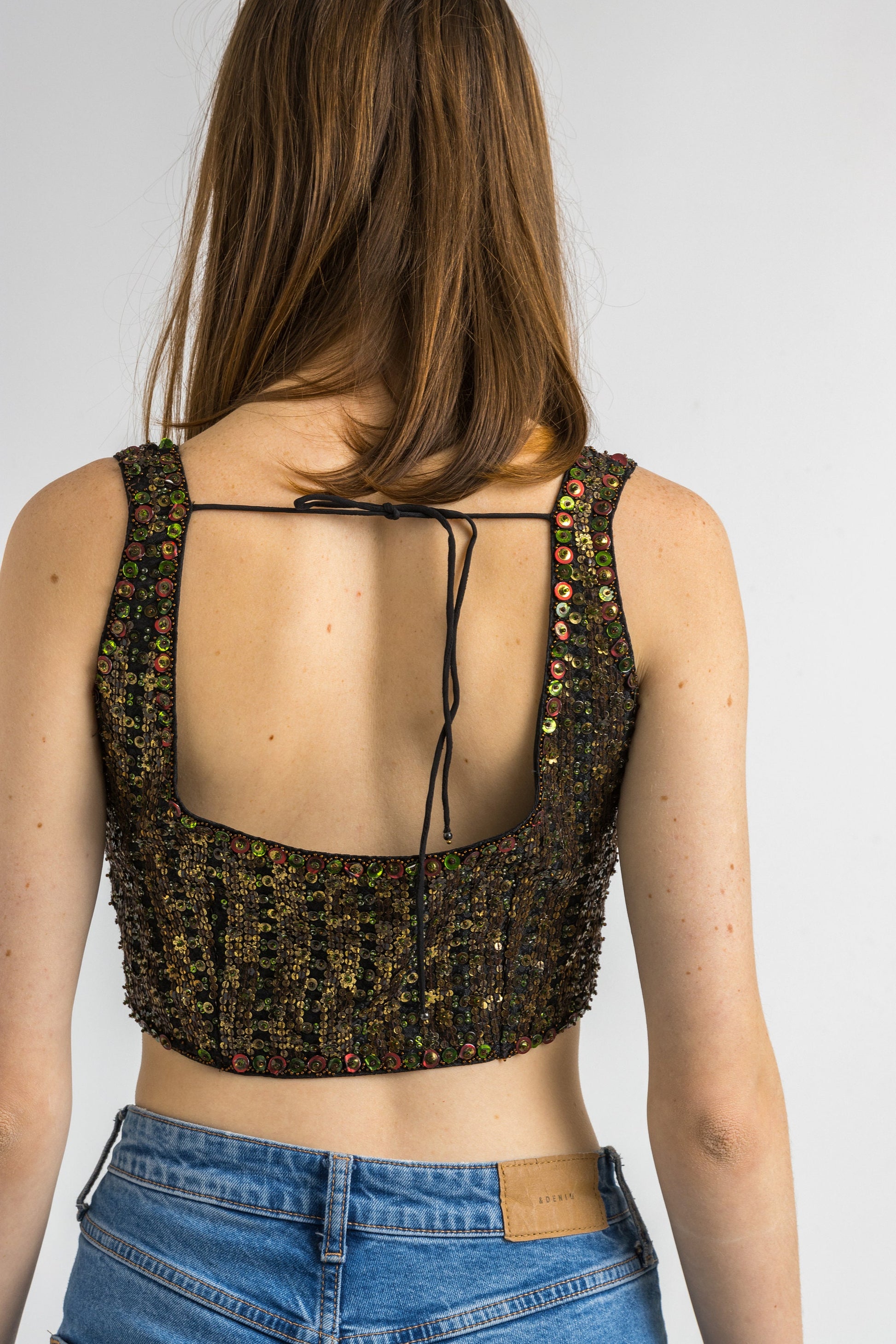 Bronze and Brown Woman Sequins and Silk Vintage 80s Crop Top