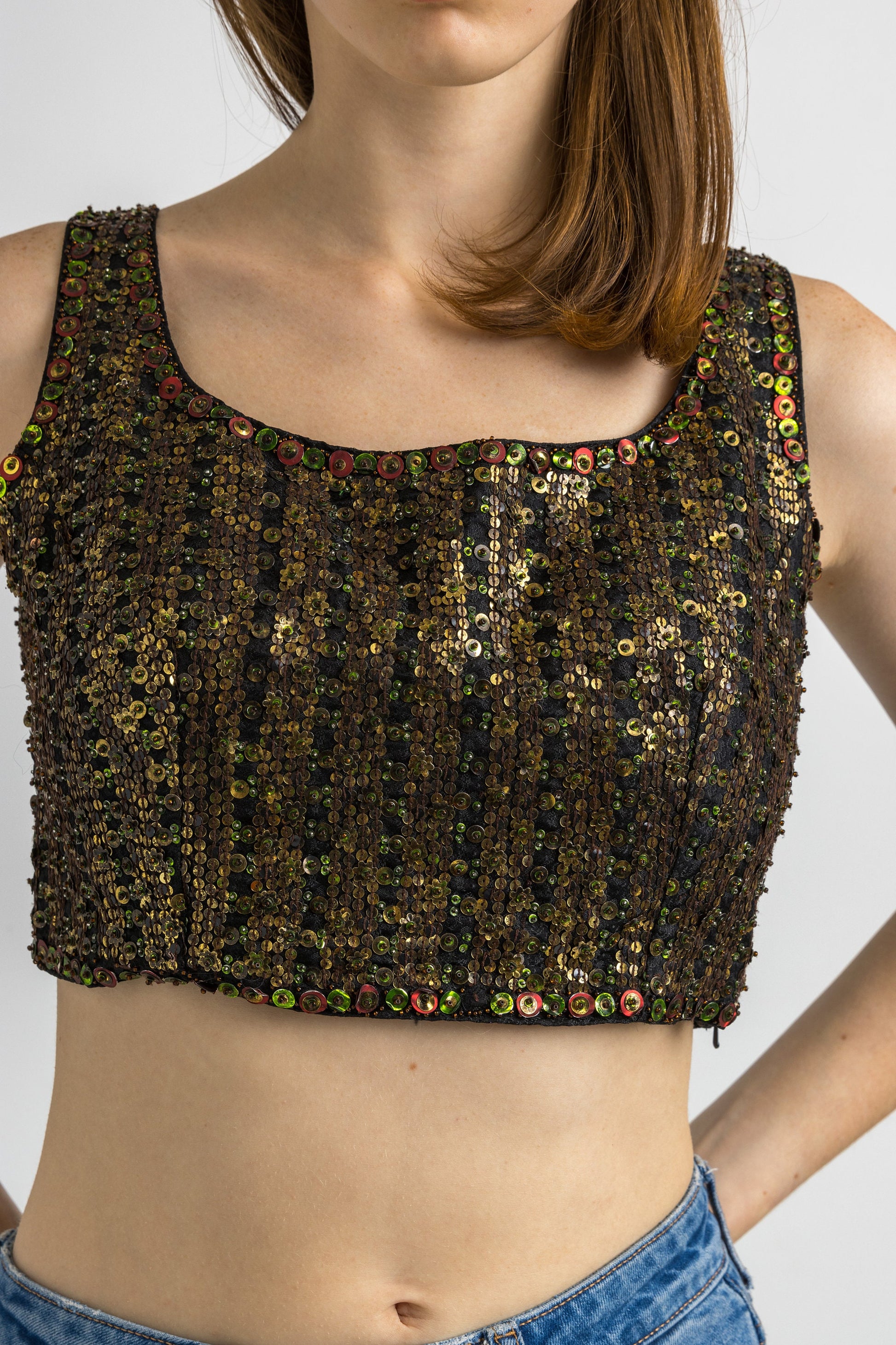 Bronze and Brown Woman Sequins and Silk Vintage 80s Crop Top