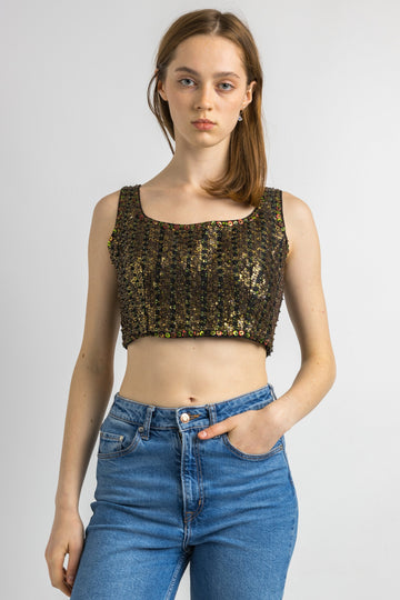 Bronze and Brown Woman Sequins and Silk Vintage 80s Crop Top