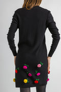 Vintage 1980s 80s Sonia Rykiel black knitted flowers with long sleeves wool knee length dress size Small