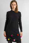 Vintage 1980s 80s Sonia Rykiel black knitted flowers with long sleeves wool knee length dress size Small