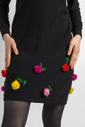 Vintage 1980s 80s Sonia Rykiel black knitted flowers with long sleeves wool knee length dress size Small