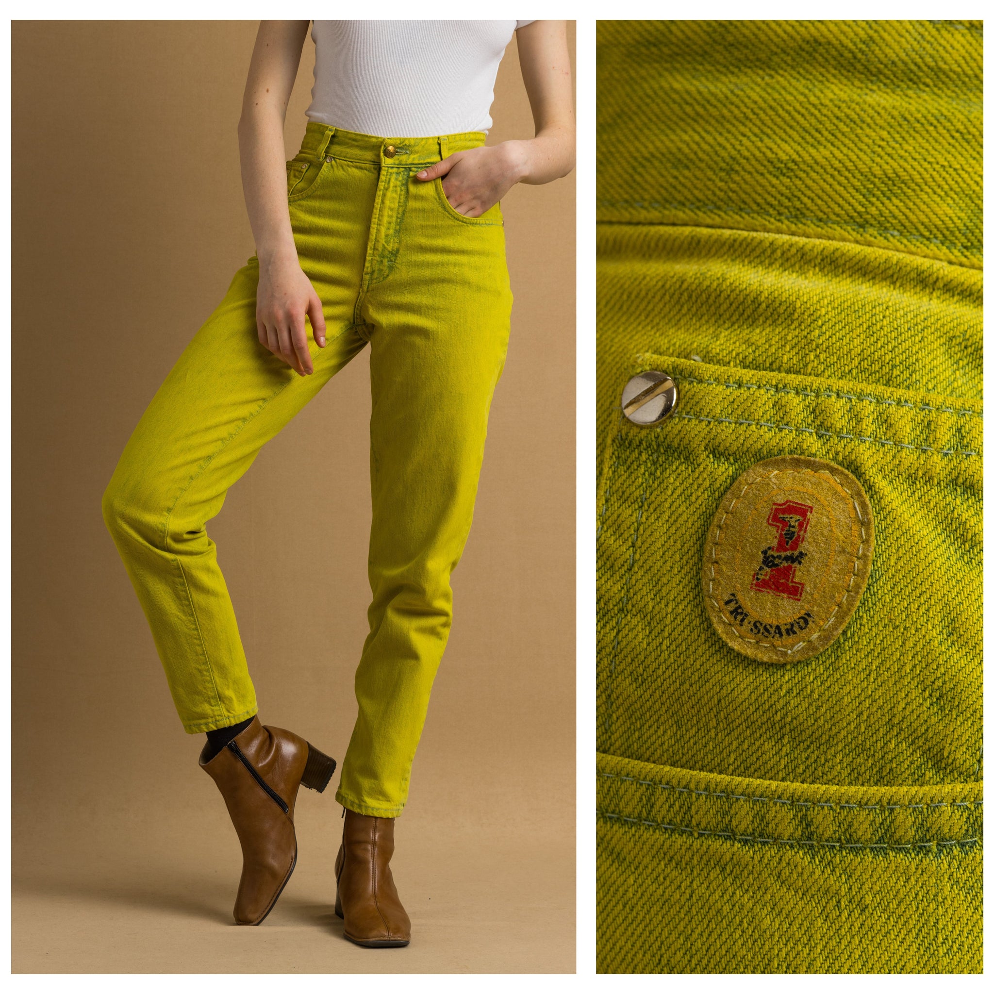 90s Vintage Woman Trussardi Yellow MOMs Denim High Waisted Denim Straight Jeans Pants Trousers Size S Girlfriend Gift/ Vtg Trussardi Jeans