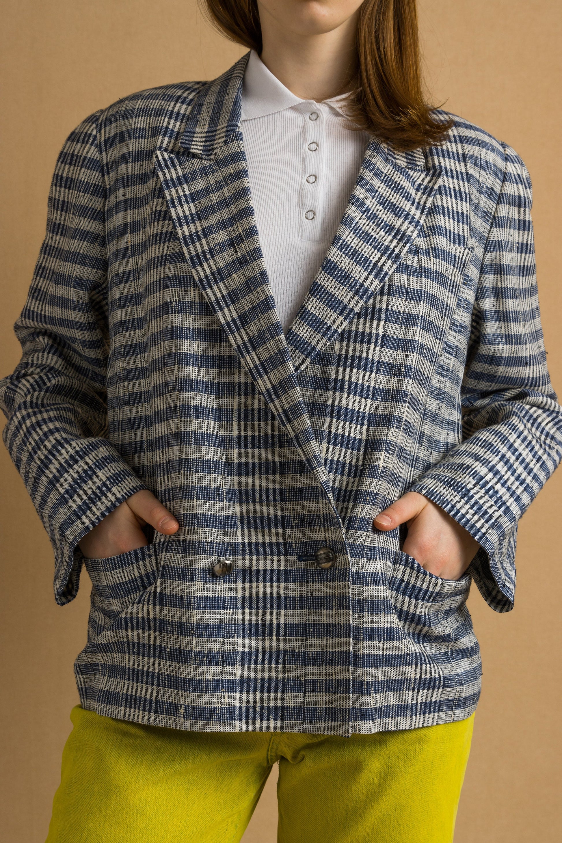 80s Woman Cotton Louis Feraud Linen West Germany Blazer Crop Jacket in Checked Print size 38 Medium