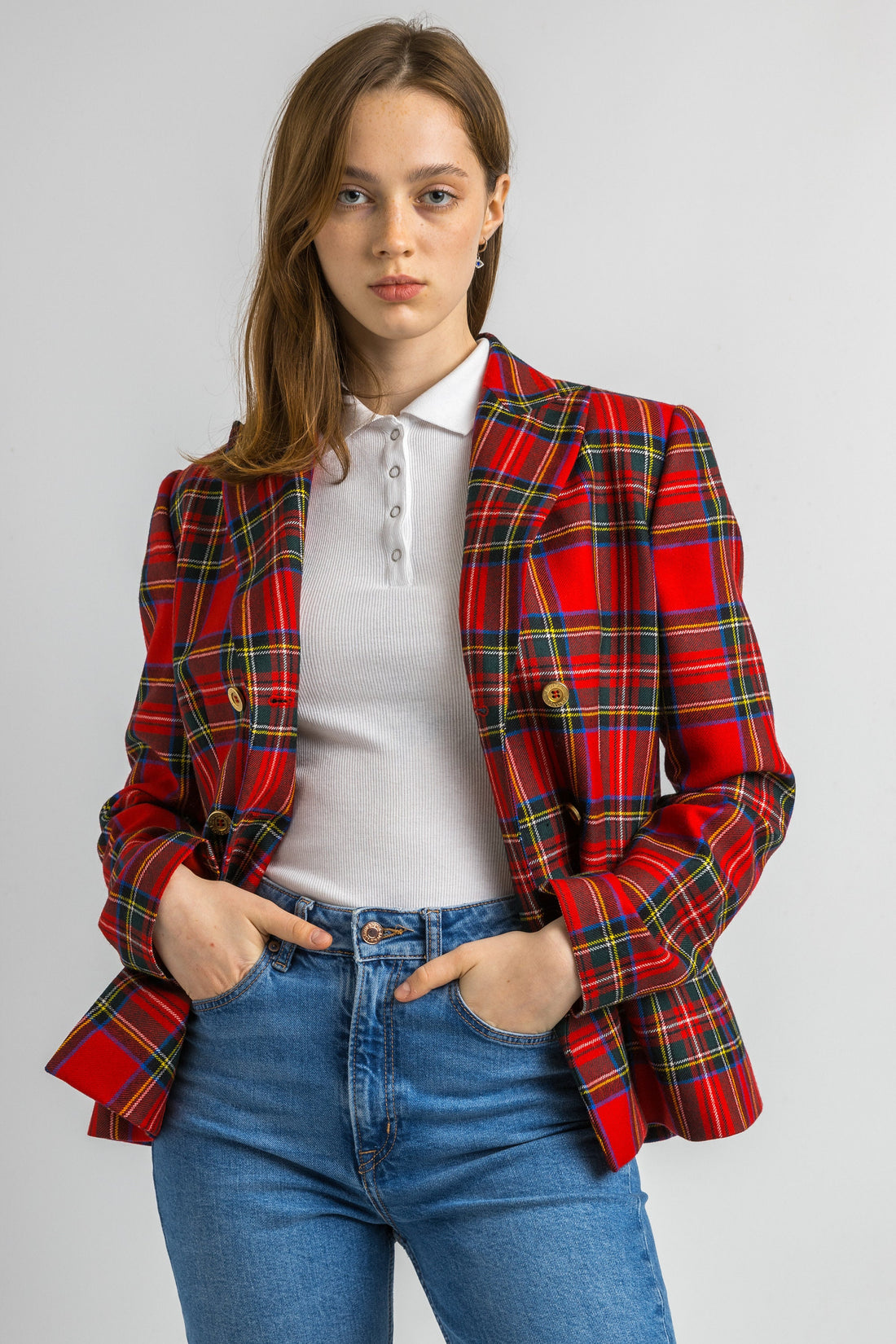 Luisa Spagnoli Red Checked Jacket / Wool Woman Paris / Double Breasted Blazer / Woman Blazer / Designer Jacket size 44 Medium