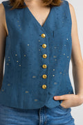 80s Vintage LAUREL Escada Silk Linen Vest / Embroidered Vest / Woman Blue Buttons Vest / Woman Vest / Designer Laurel Clothing size Small