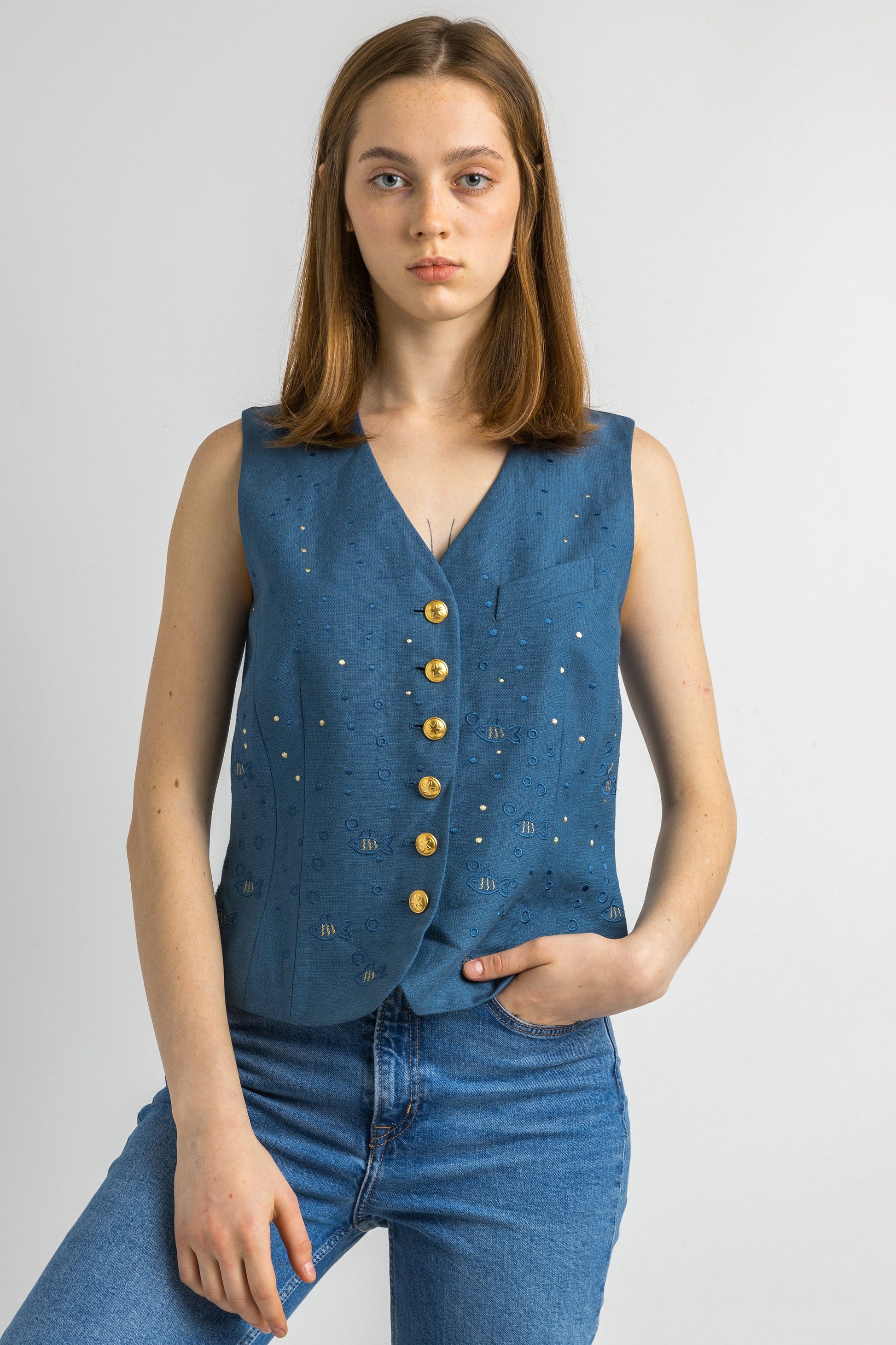 80s Vintage LAUREL Escada Silk Linen Vest / Embroidered Vest / Woman Blue Buttons Vest / Woman Vest / Designer Laurel Clothing size Small