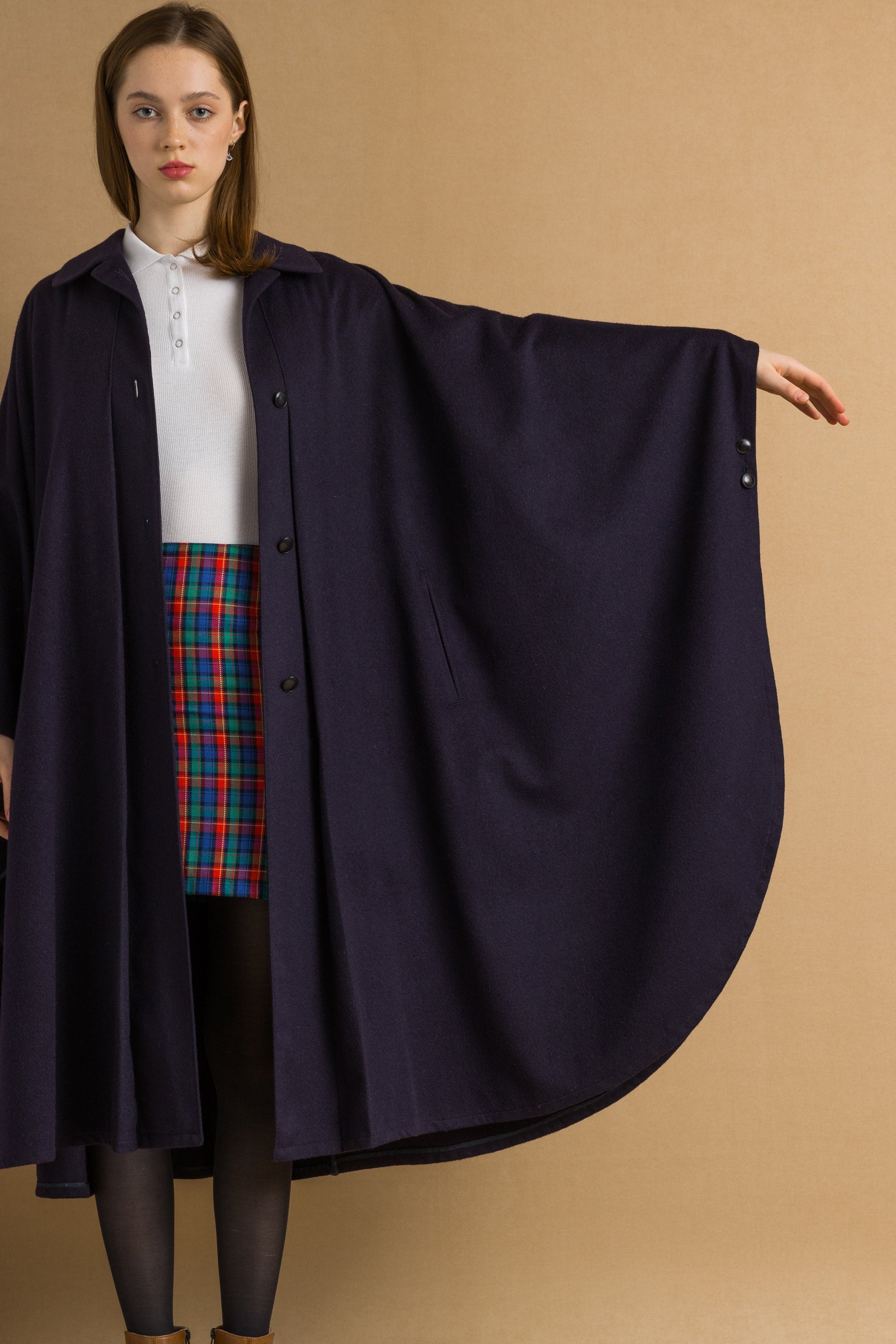 70s Vintage Vtg Rare Dark Blue Navy Bat 100% Wool Long Sleeve Dark Blue Tyrol Maxi Long Style Coat Cape Girlfriend Gift