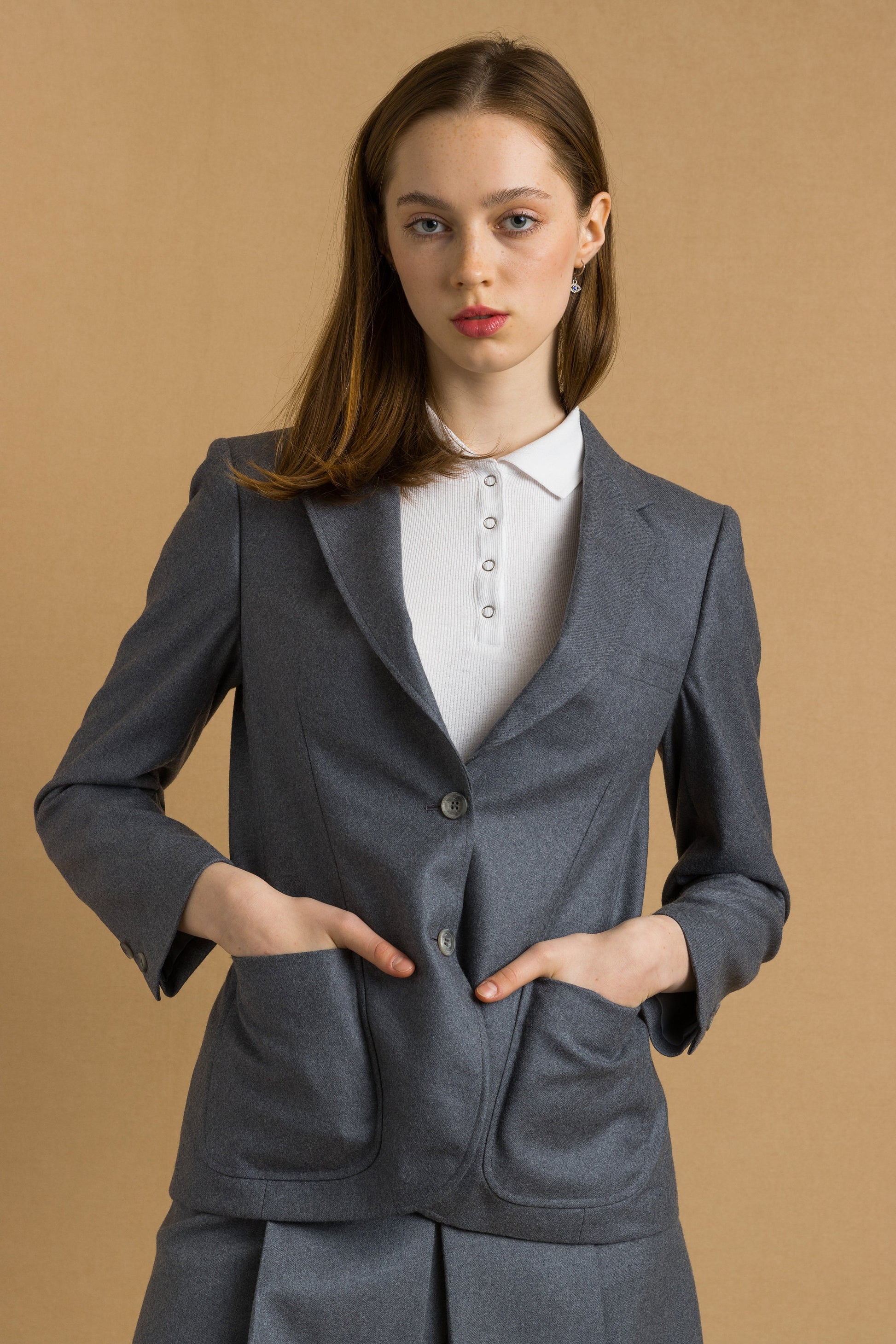 1970s Gray Womens Wool Skirt Suit Jacket Set Vintage Small/ Mini skirt suit with blazer buttons, elegant blazer and skirt set.