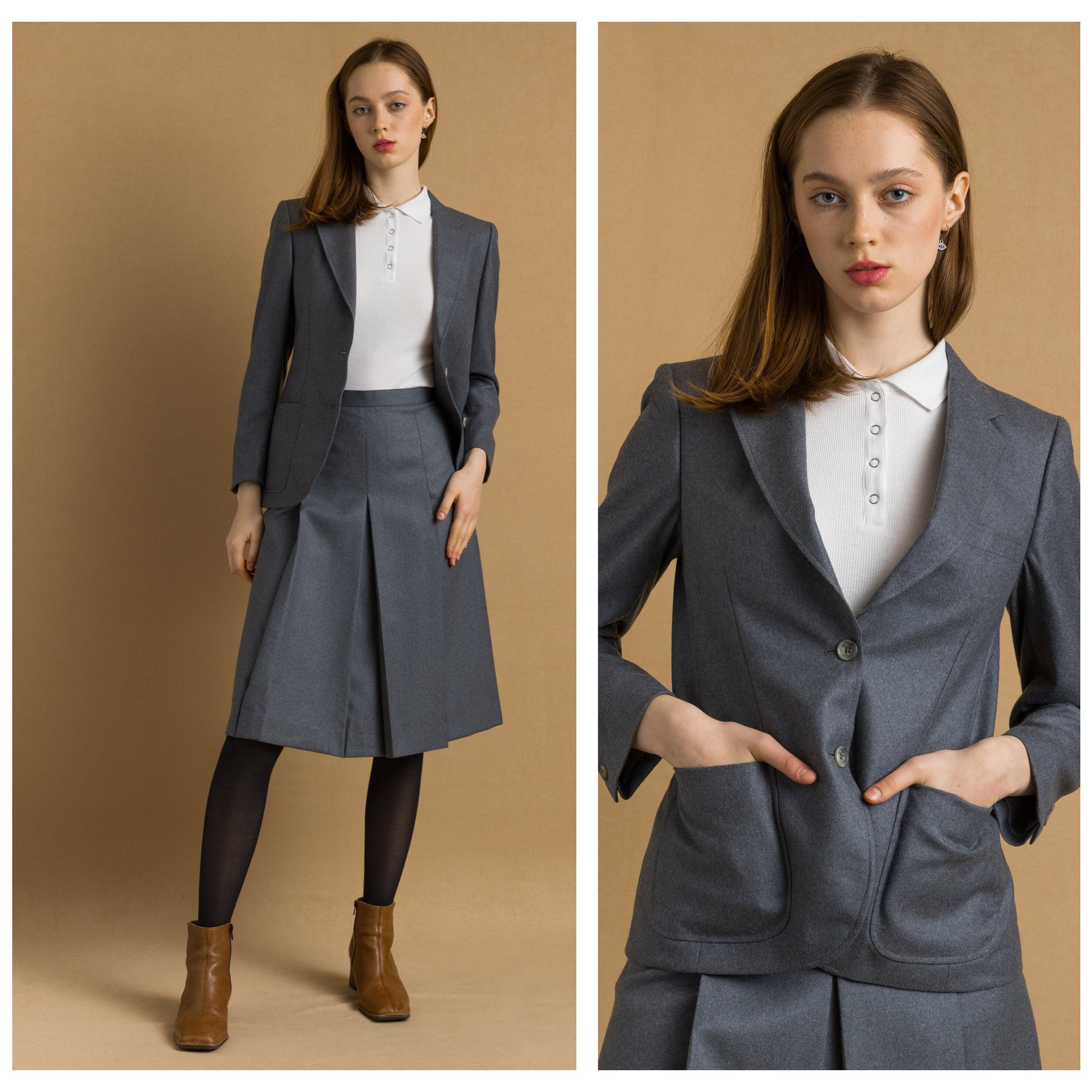 1970s Gray Womens Wool Skirt Suit Jacket Set Vintage Small/ Mini skirt suit with blazer buttons, elegant blazer and skirt set.