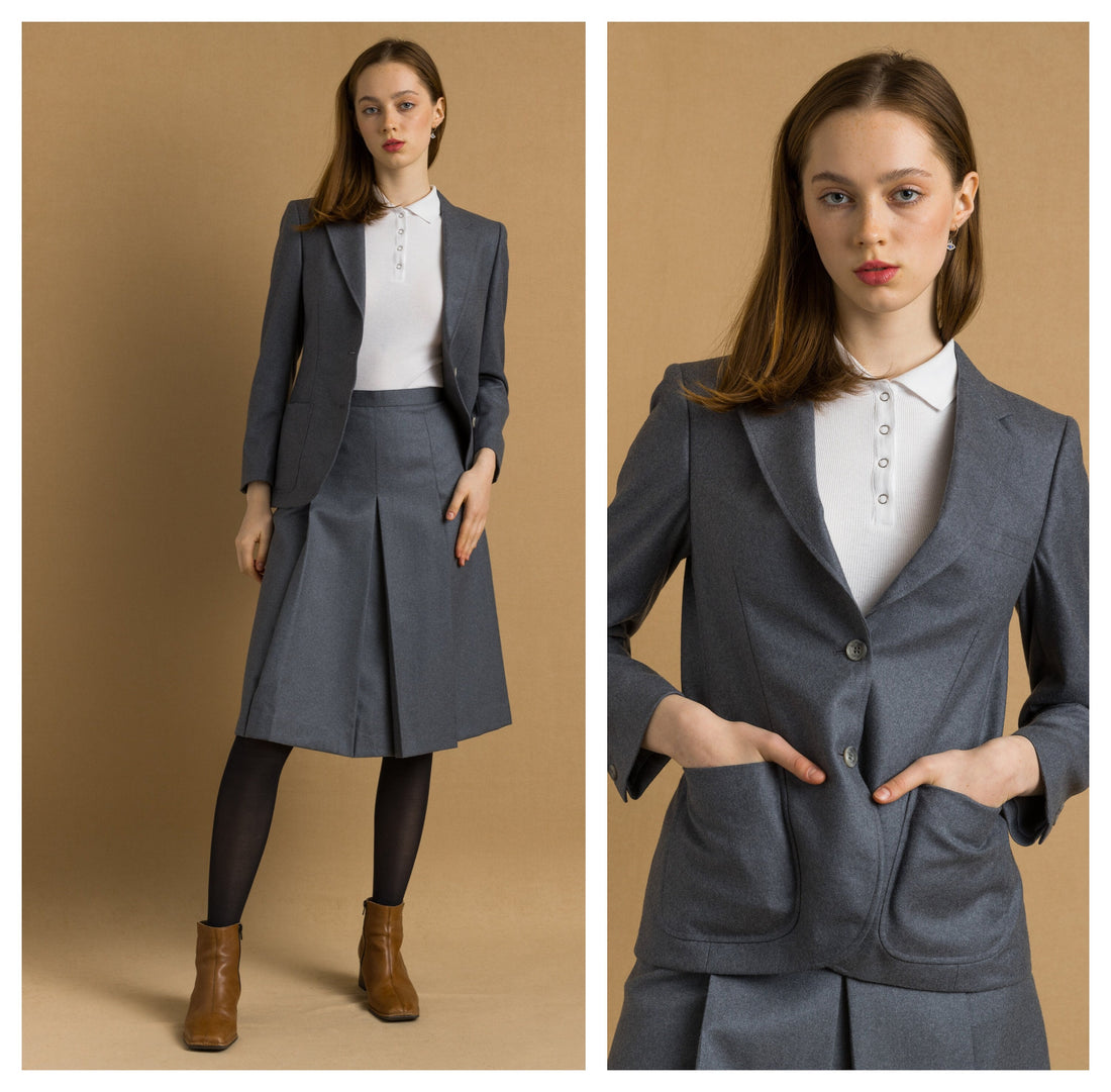 1970s Gray Womens Wool Skirt Suit Jacket Set Vintage Small/ Mini skirt suit with blazer buttons, elegant blazer and skirt set.