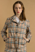 Womens checked 1970 suit, 70s beige cotton high waisted mini skirt suit with zip, elegant 1970s jacket and skirt set