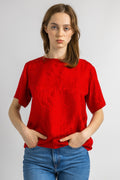 80s Vintage Vtg Rare 100% SILK Seta Seide Soie Natural Fabric Short Sleeve in Red Polka Dot Oversized Top Blouse Small