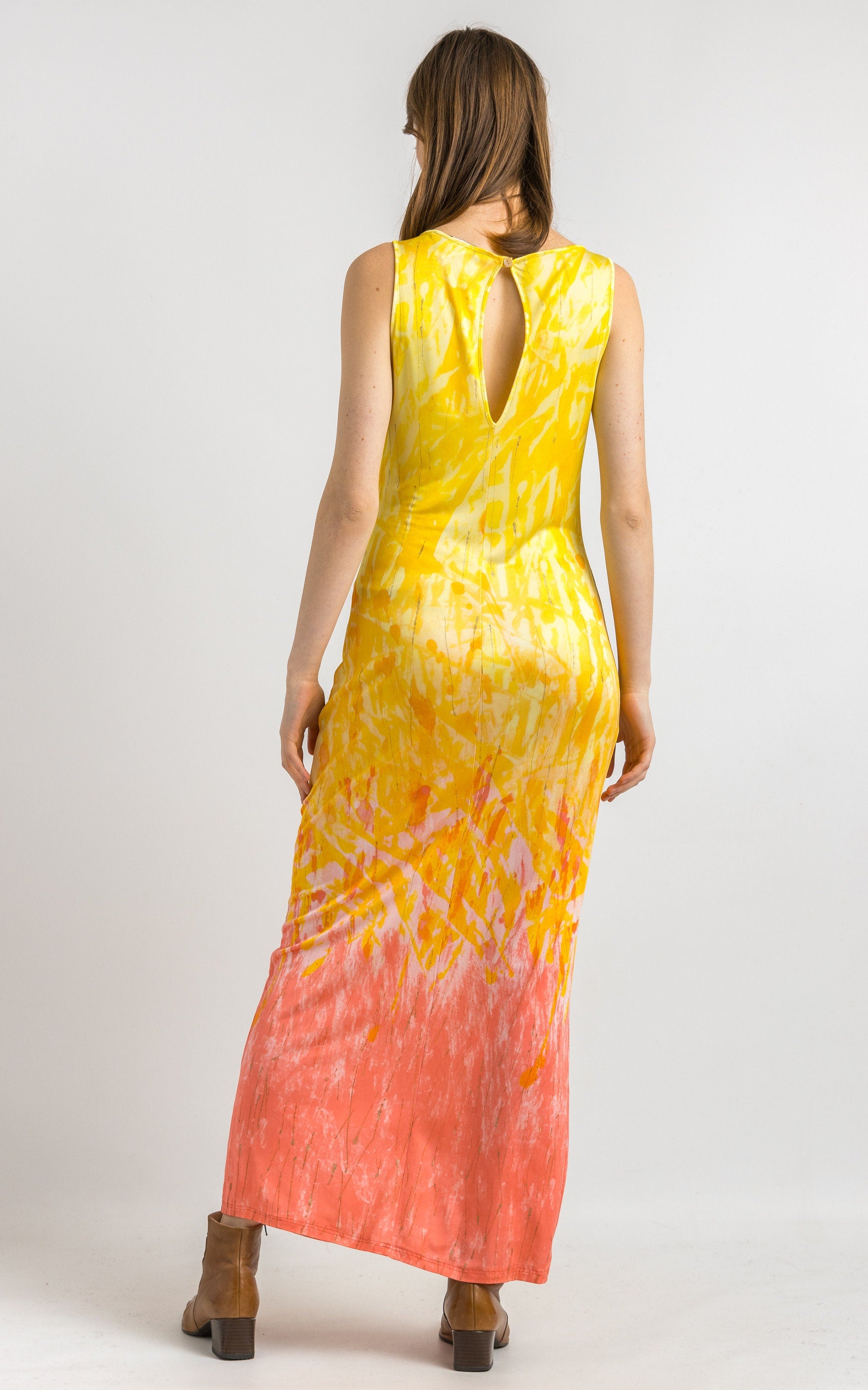 90s Just Cavalli Label Roberto Cavalli Yellow Print Midi Dress / 90s Roberto Cavalli Jersey Maxi Long Dress size Small