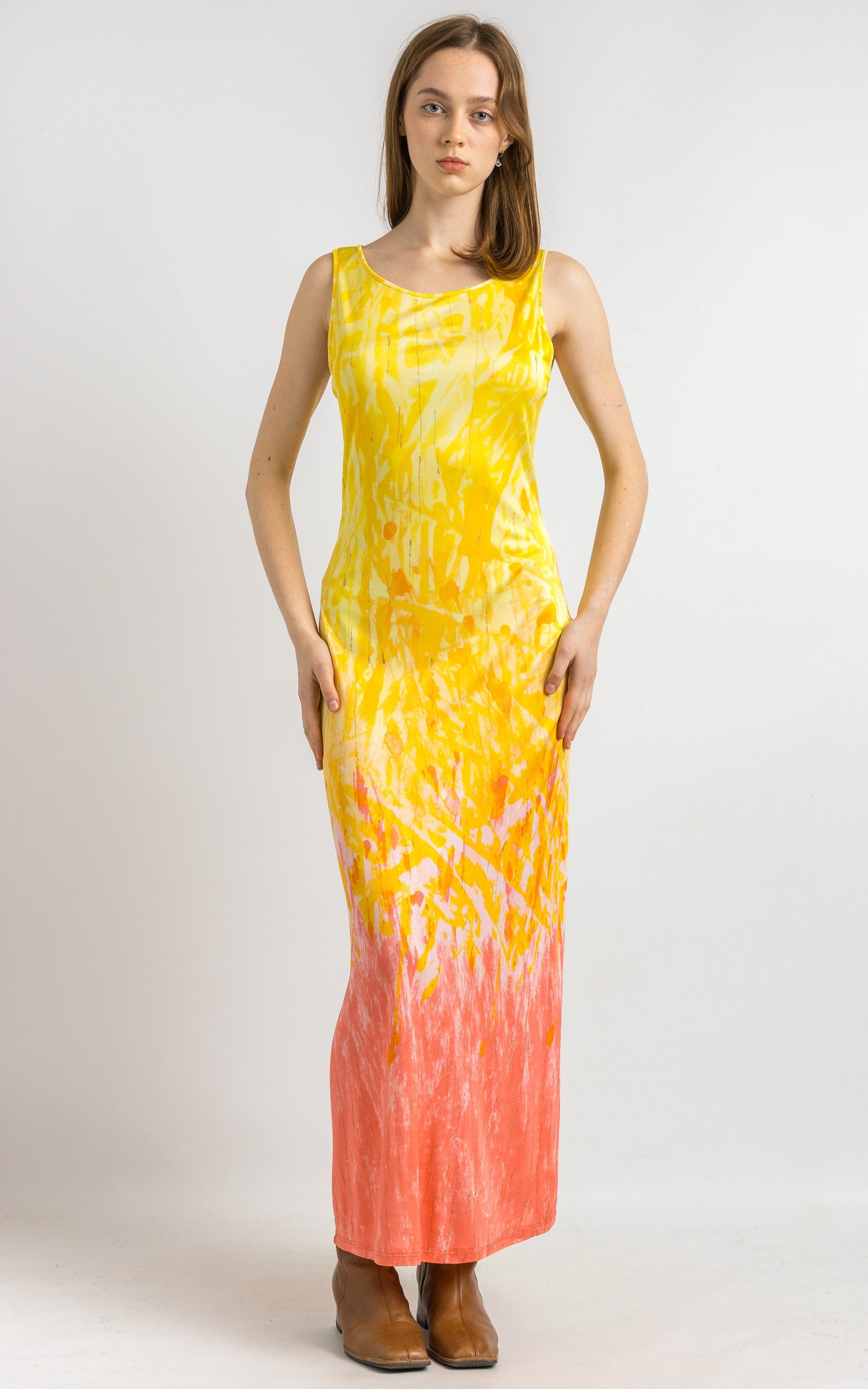 90s Just Cavalli Label Roberto Cavalli Yellow Print Midi Dress / 90s Roberto Cavalli Jersey Maxi Long Dress size Small