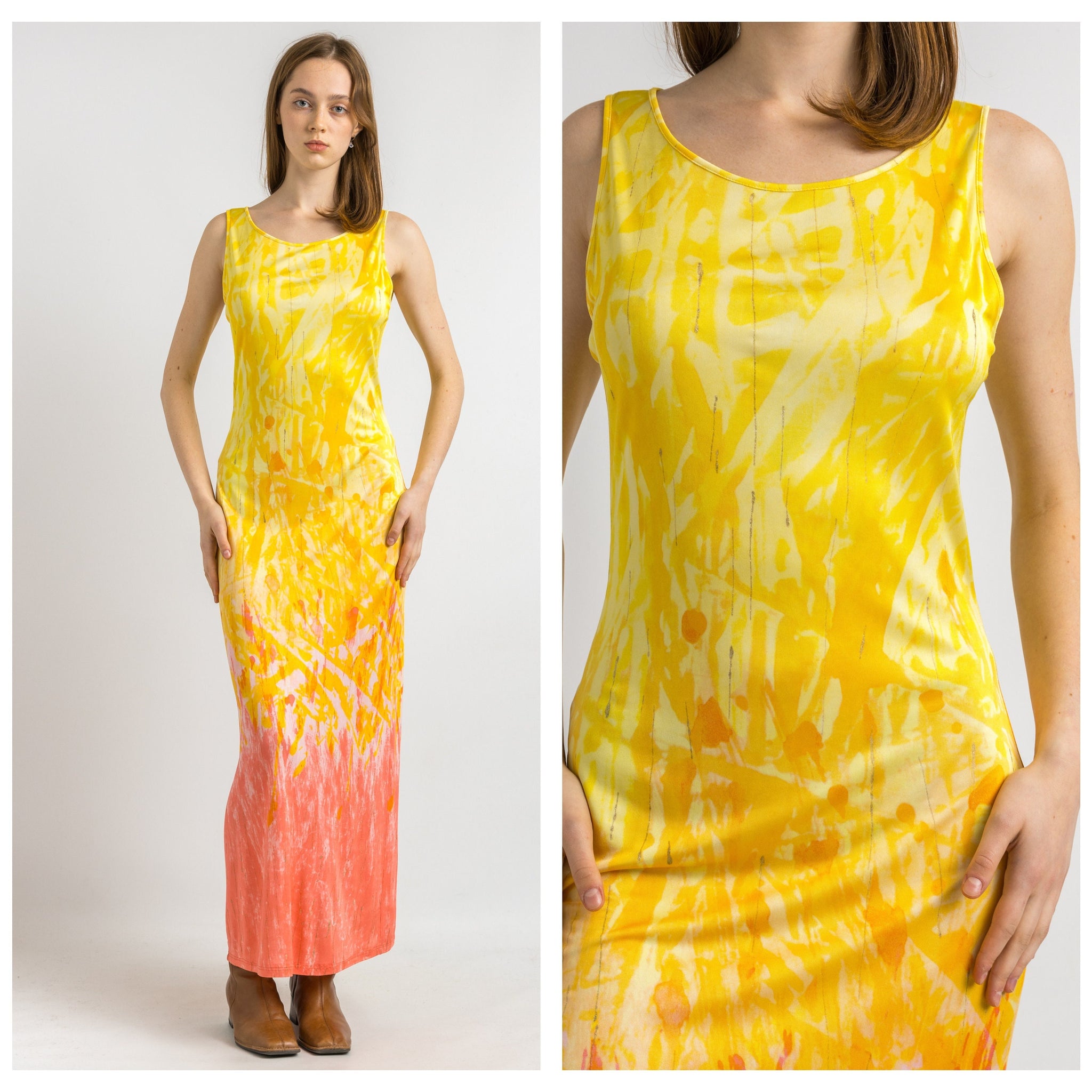 90s Just Cavalli Label Roberto Cavalli Yellow Print Midi Dress / 90s Roberto Cavalli Jersey Maxi Long Dress size Small