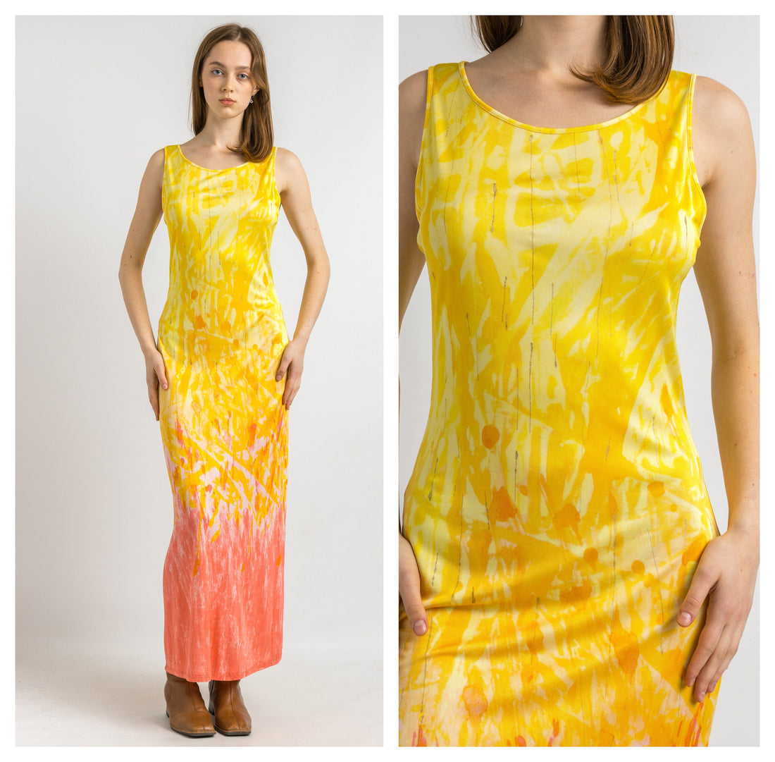 90s Just Cavalli Label Roberto Cavalli Yellow Print Midi Dress / 90s Roberto Cavalli Jersey Maxi Long Dress size Small