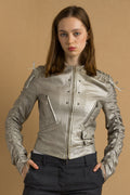 Gianni Versace Silver Leather Moto Woman Jacket size 40 fits Small/ metallic silver leather /