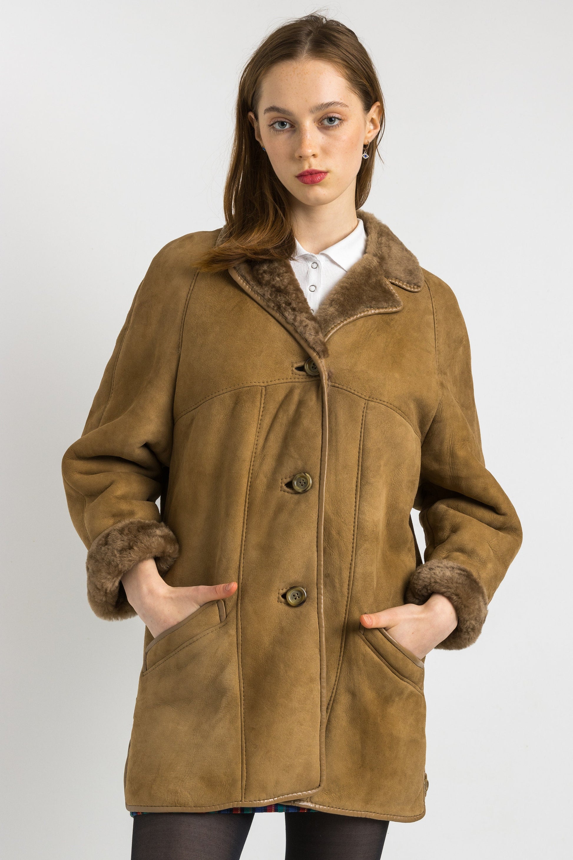 Deadstock Sheepskin Coat 70s, Size S, Brown Suede Vintage Coat, Casual Slouchy Coat, Worn In Shearling Coat, Sustainable Winter Outerwear