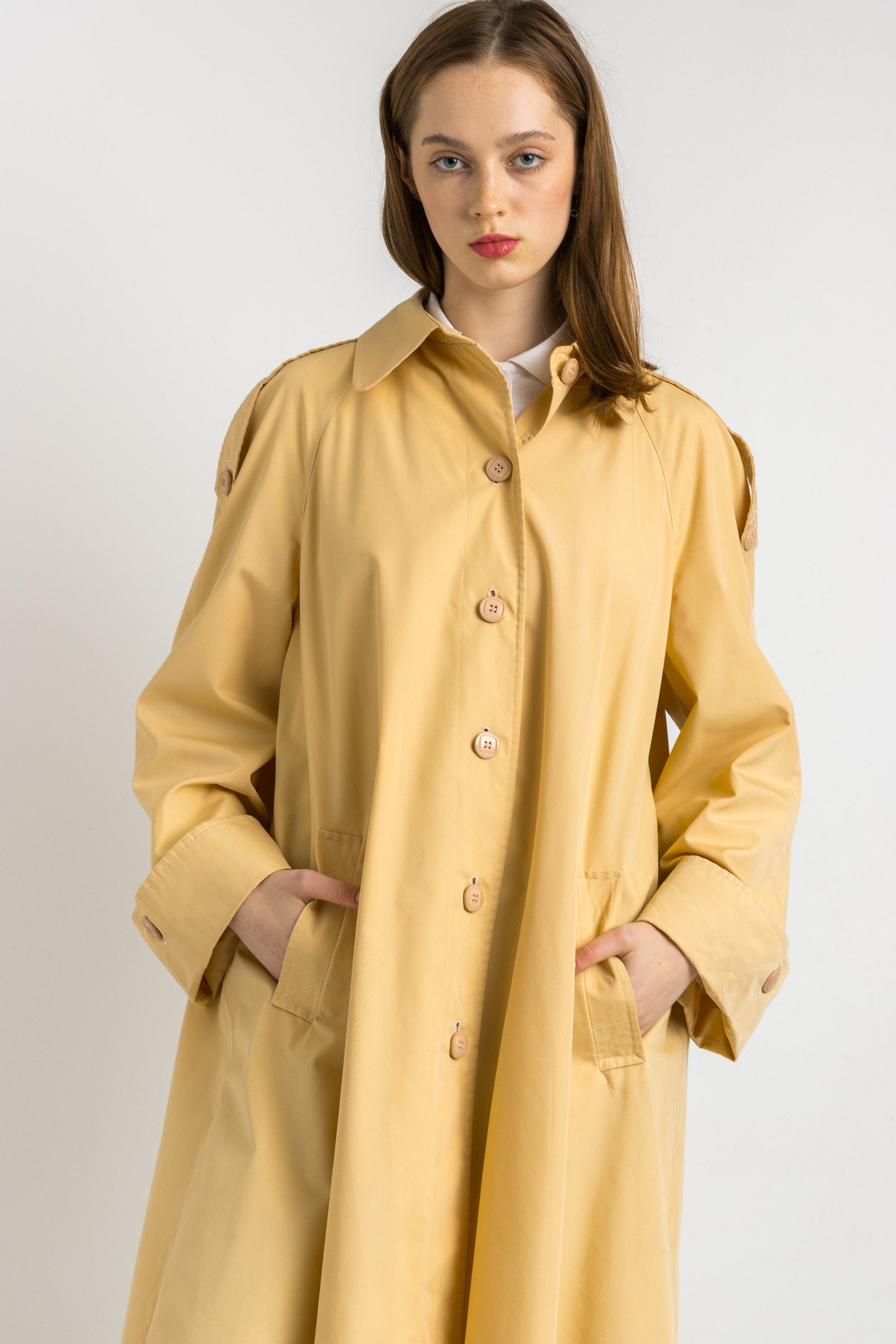 Yellow Trench Coat women vintage 80s spring coat long jacket mac coat mod outerwear lightweight long jacket vintage clothing size medium