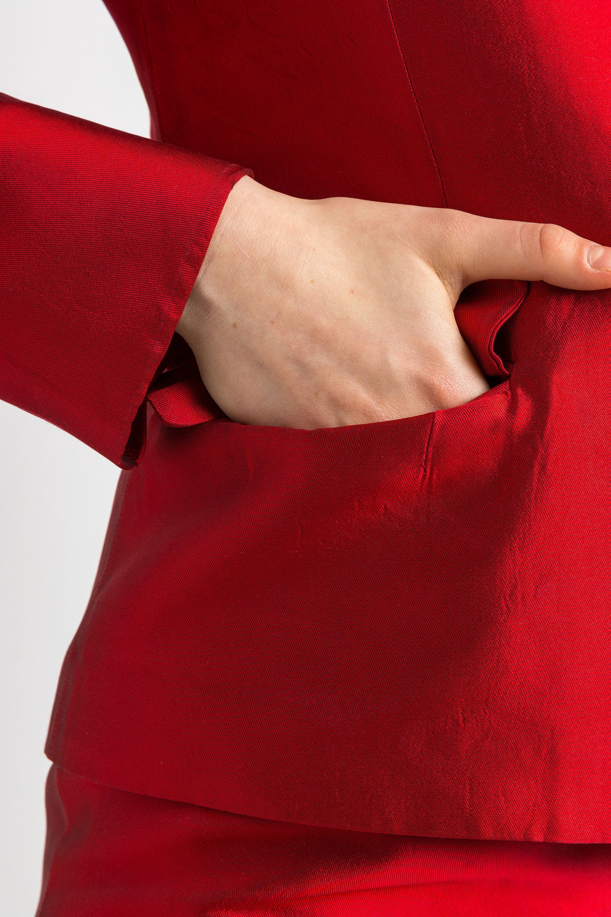 Jil Sander Silk suit, 80s red silk high waisted pencil skirt suit with buttons, elegant Jil Sander jacket and skirt set