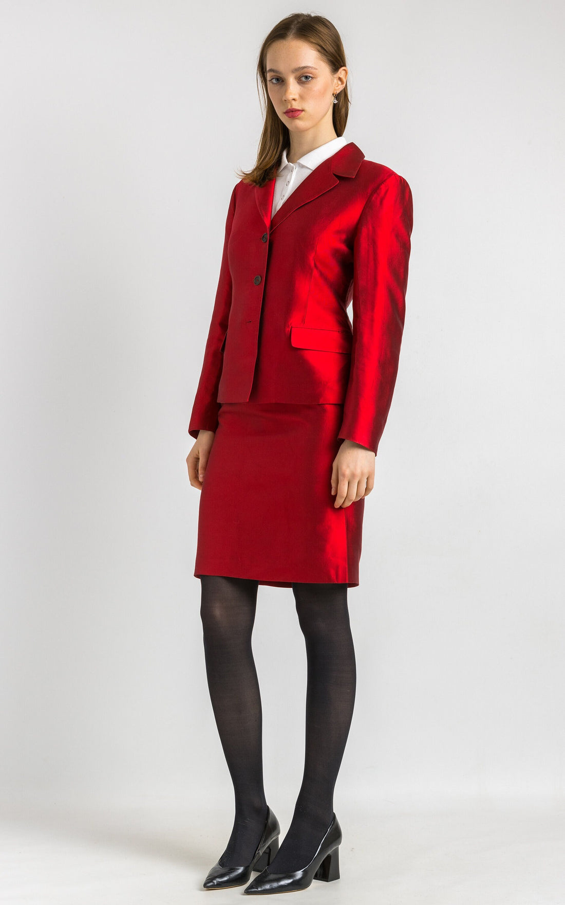 Jil Sander Silk suit, 80s red silk high waisted pencil skirt suit with buttons, elegant Jil Sander jacket and skirt set