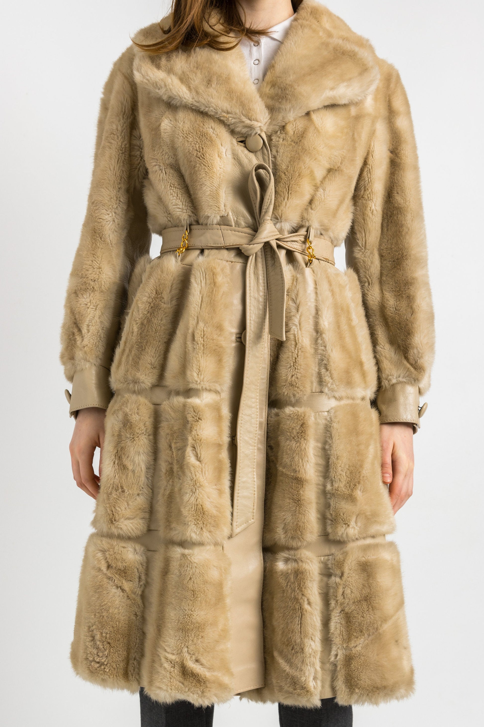 80s Woman Beige Simulated Fur and Real Leather Coat Women Vintage 80s winter coat outerwear maxi winter coat vintage clothing size Small