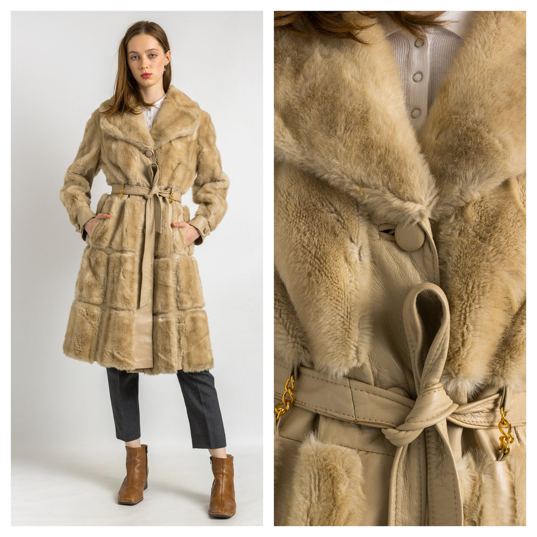 80s Woman Beige Simulated Fur and Real Leather Coat Women Vintage 80s winter coat outerwear maxi winter coat vintage clothing size Small