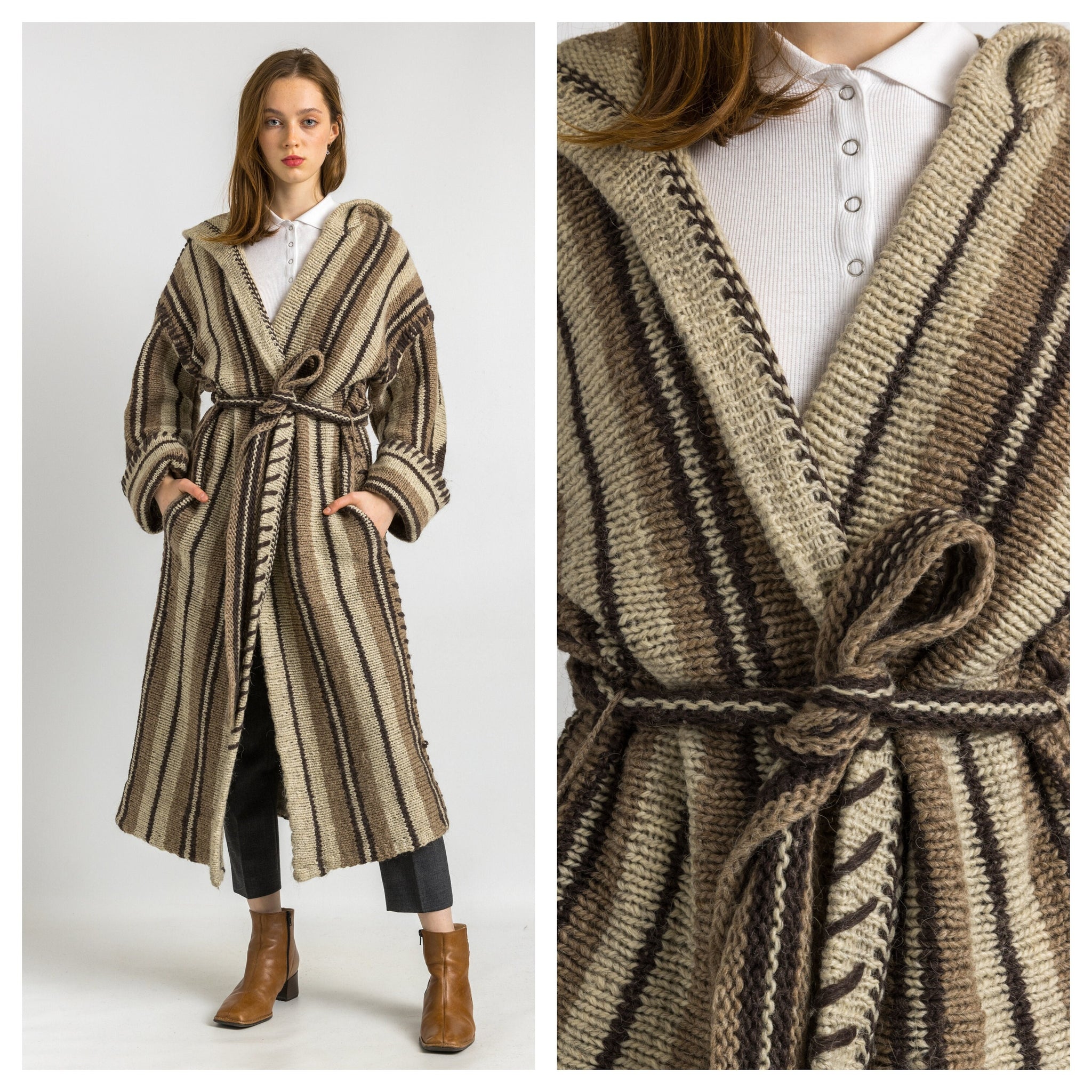 70s Woman Knitted Aztec Lambswool Coat Women Vintage 70s fall coat long wool coat outerwear maxi winter coat vintage clothing size Small