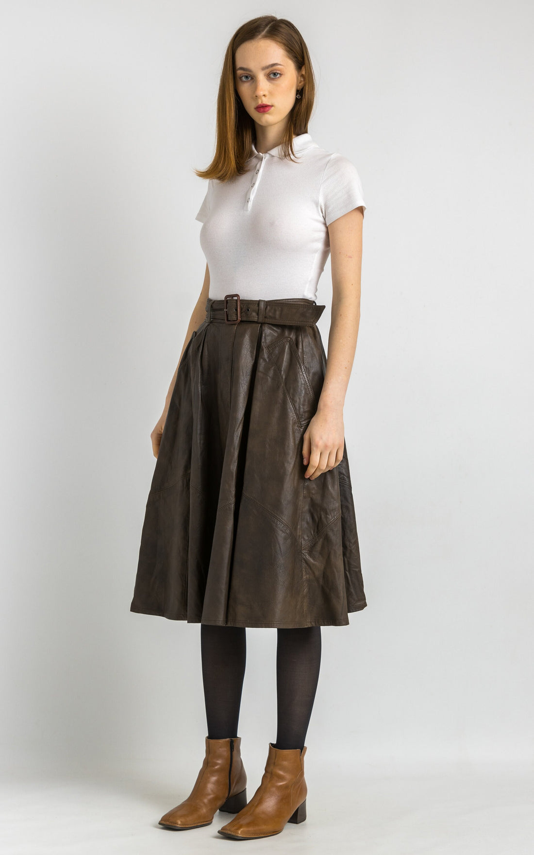 70s Leather Midi Skirt / High Waist Leather Midi Skirt Medium / Minimalist Brown Skirt / Leather Midi A Line Skirt Small