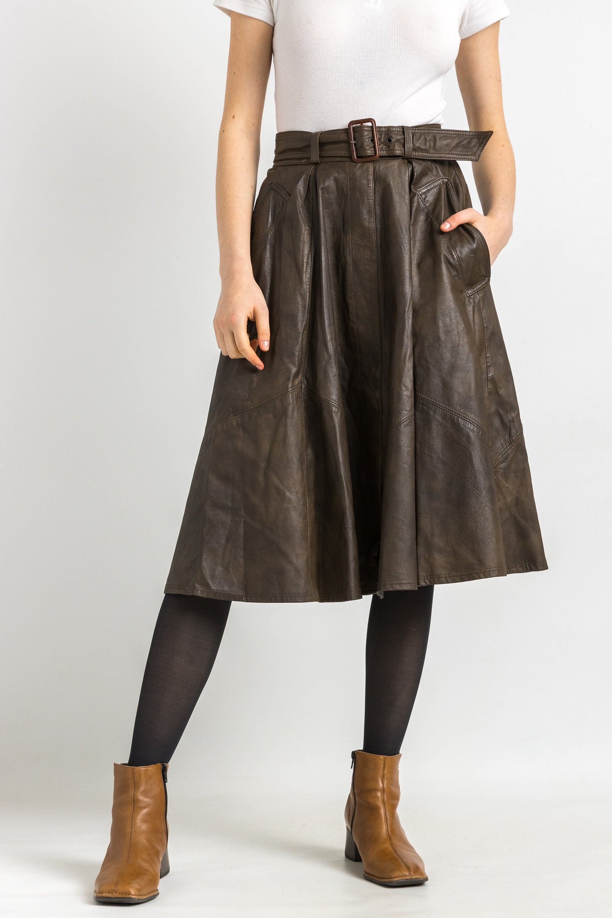 70s Leather Midi Skirt / High Waist Leather Midi Skirt Medium / Minimalist Brown Skirt / Leather Midi A Line Skirt Small