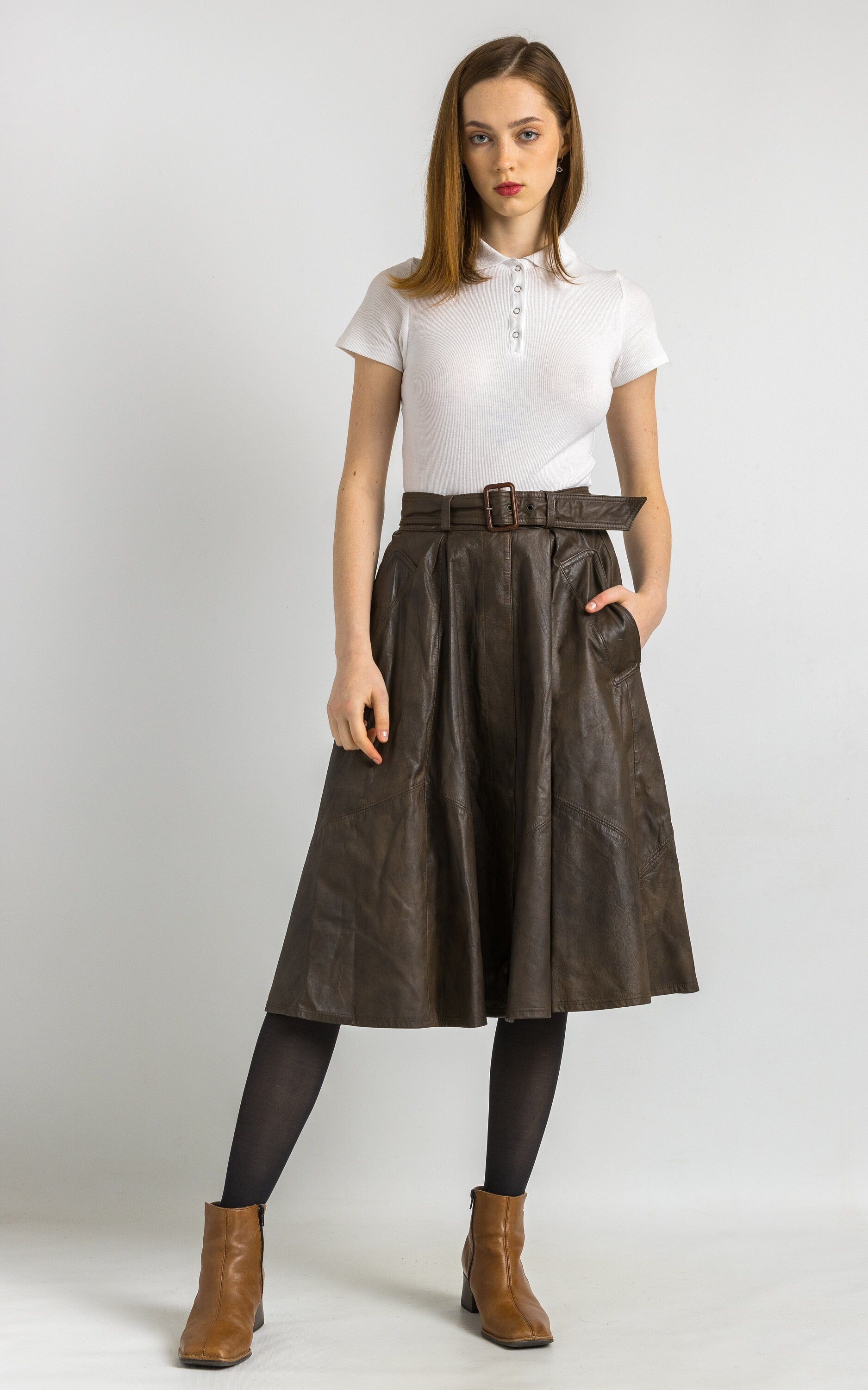 70s Leather Midi Skirt / High Waist Leather Midi Skirt Medium / Minimalist Brown Skirt / Leather Midi A Line Skirt Small