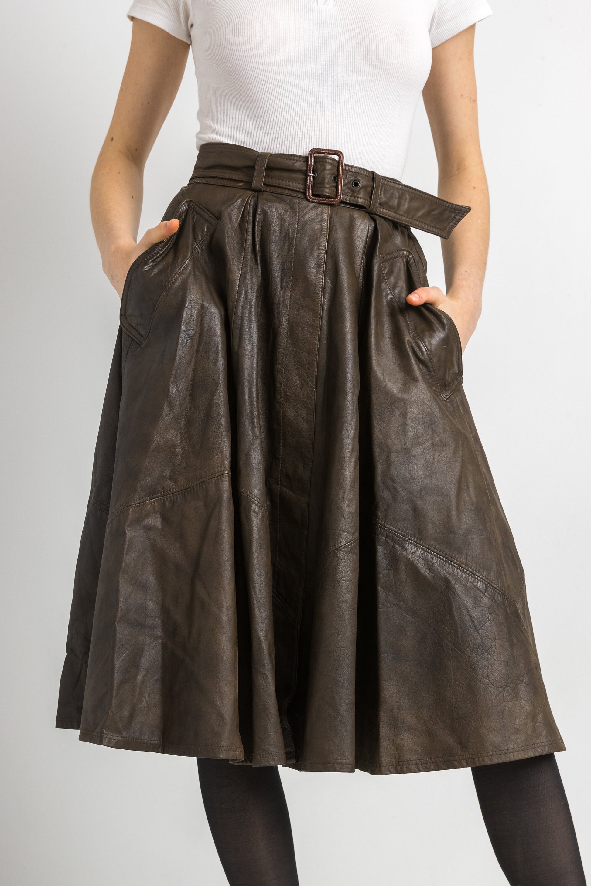 70s Leather Midi Skirt / High Waist Leather Midi Skirt Medium / Minimalist Brown Skirt / Leather Midi A Line Skirt Small