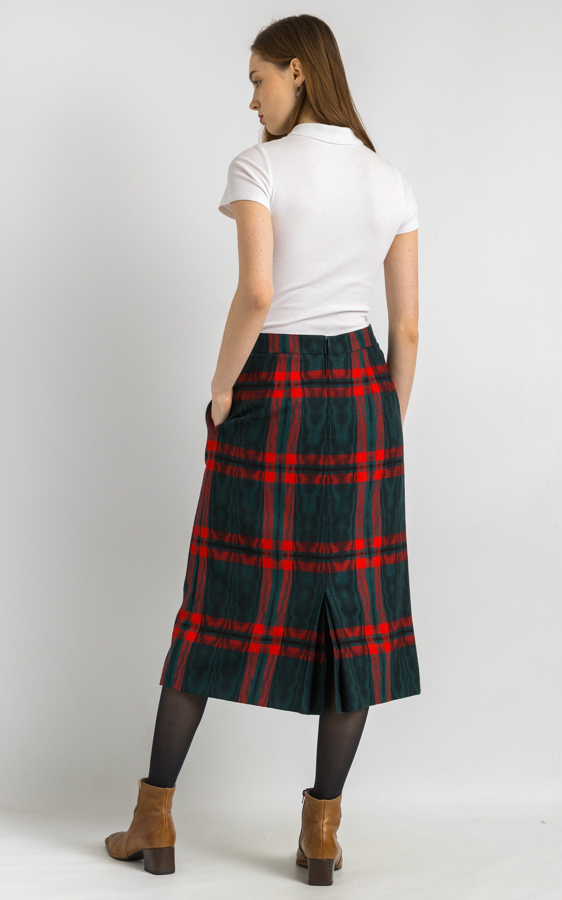 80s Vintage Tartan Plaid Wool Woman Midi Skirt, Midi Skirt in Red