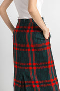 80s Vintage Tartan Plaid Wool Woman Midi Skirt, Midi Skirt in Red