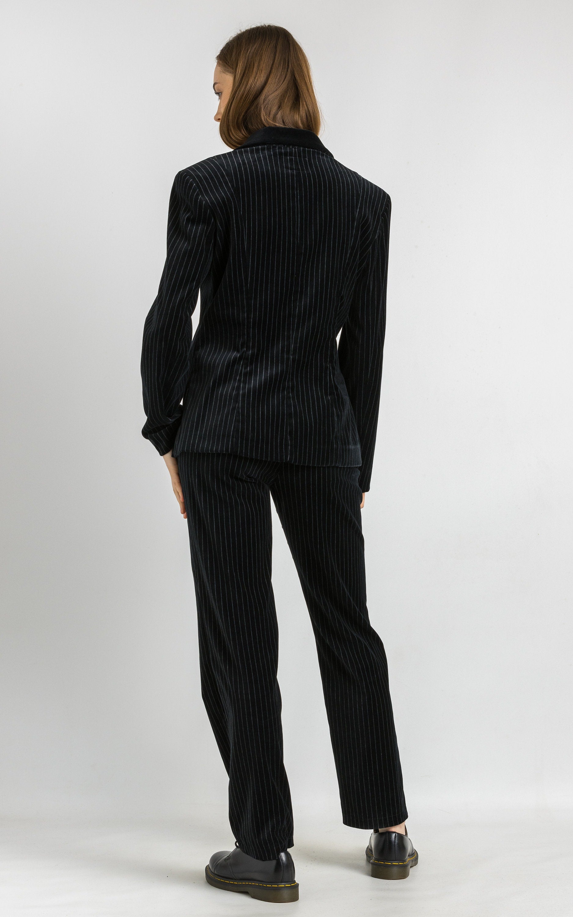 Emporio Armani Velor suit, 90s black Armani striped pants suit with buttons blazer, elegant Emporio Armani jacket and pants set