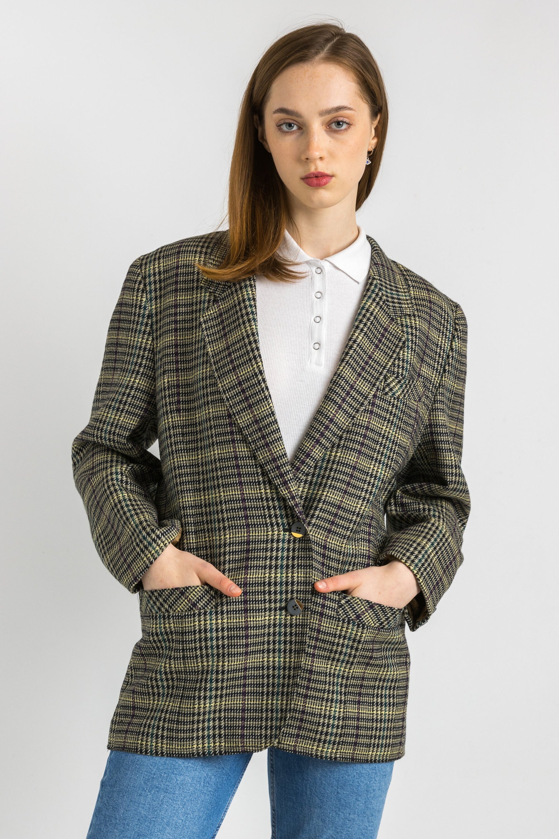 80s Vintage Vtg Rare Pure Wool Woolmark Grey Check Blazer Jacket Button Up size Medium / Vintage Woman Blazer