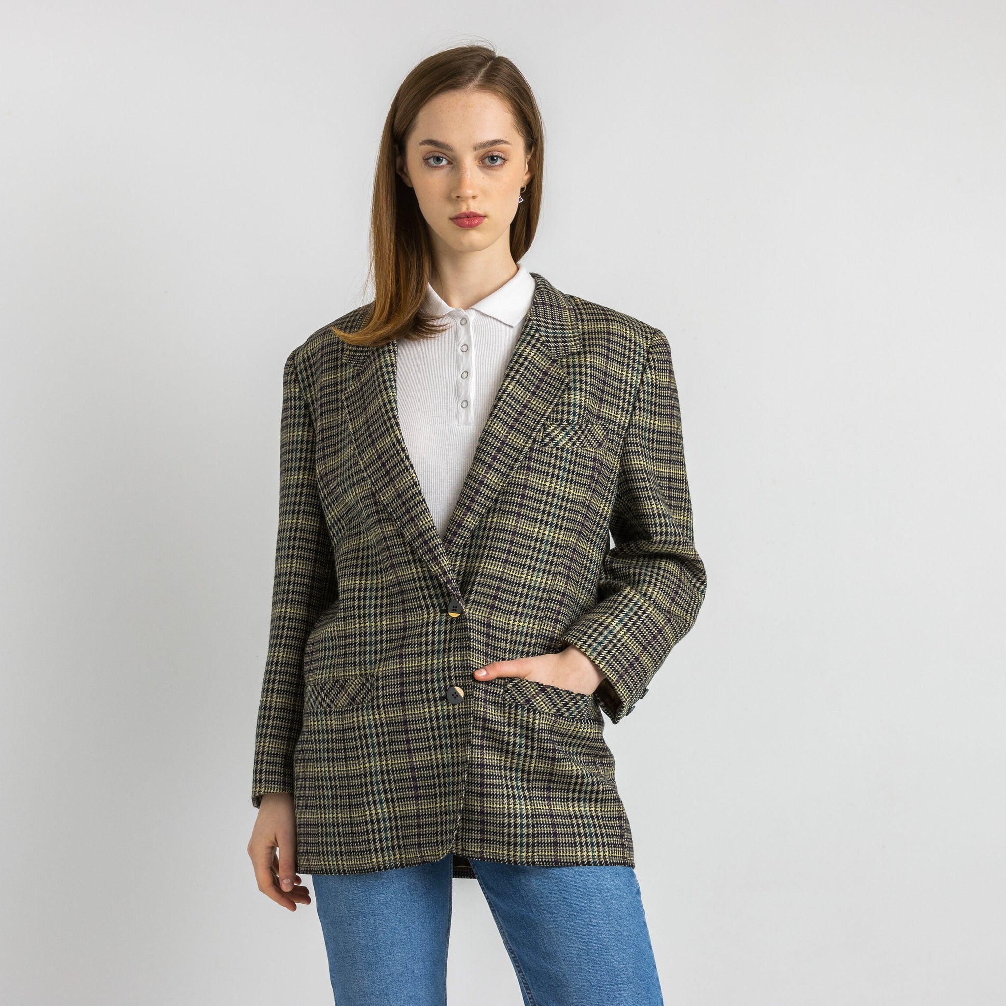 80s Vintage Vtg Rare Pure Wool Woolmark Grey Check Blazer Jacket Button Up size Medium / Vintage Woman Blazer