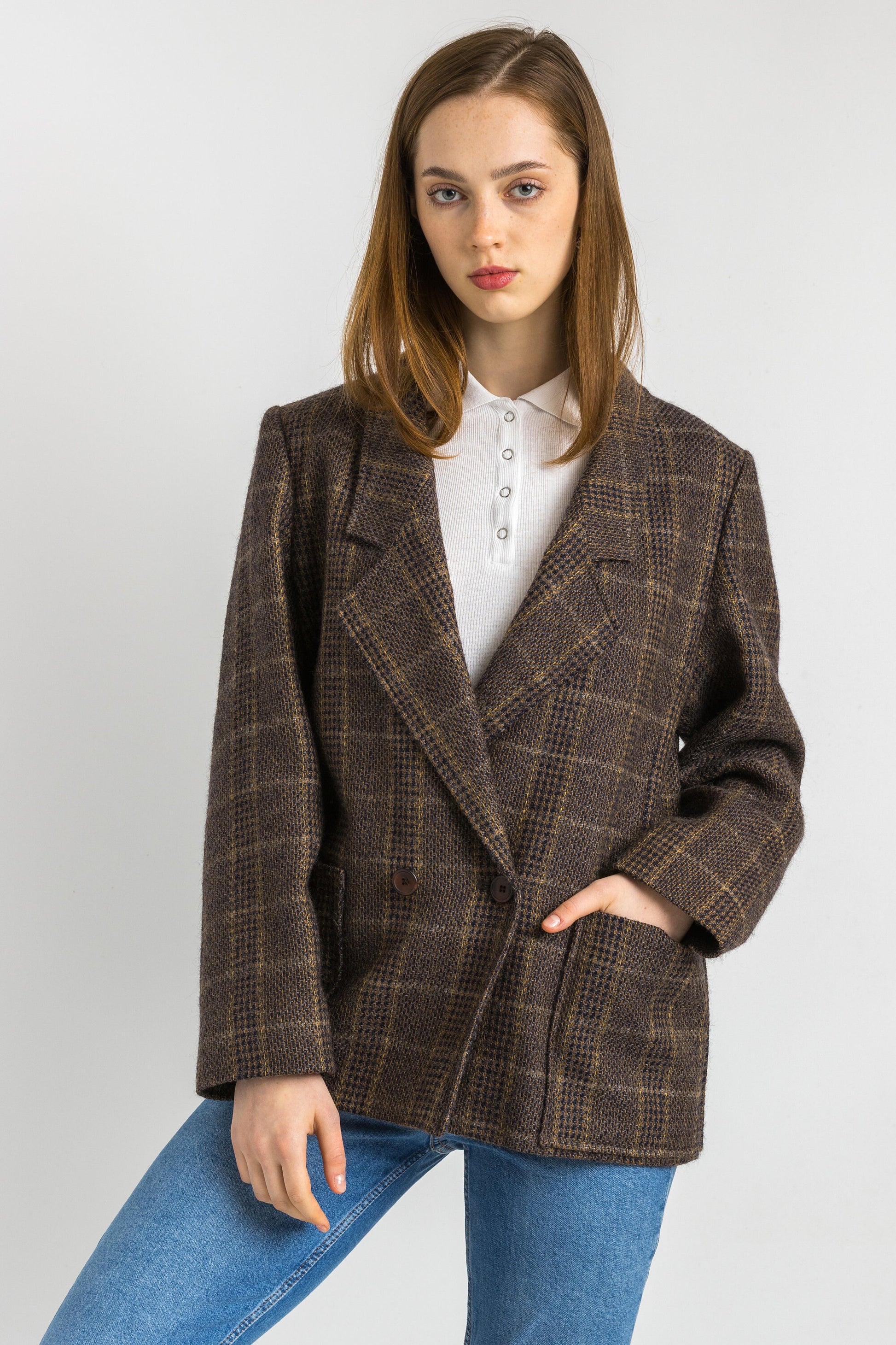 80s Vintage Vtg Rare Pure Wool Woolmark Brown Check Blazer Jacket Button Up size Medium / Vintage Woman Blazer