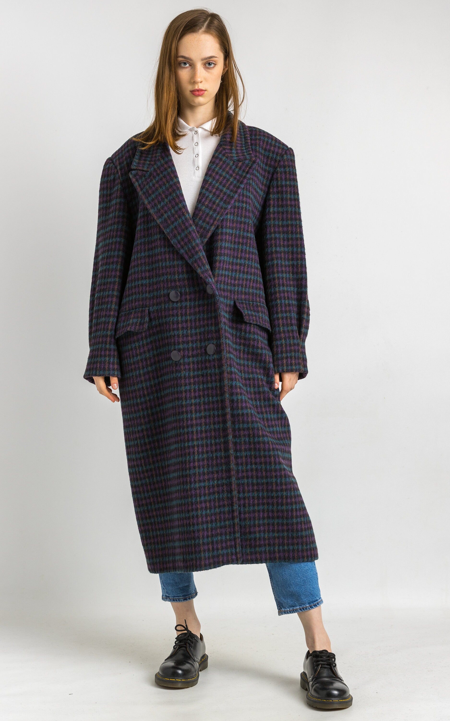 60s Woman Checked Oversized Lambswool Coat Women Vintage 70s fall coat long wool coat outerwear maxi winter coat vintage clothing size M