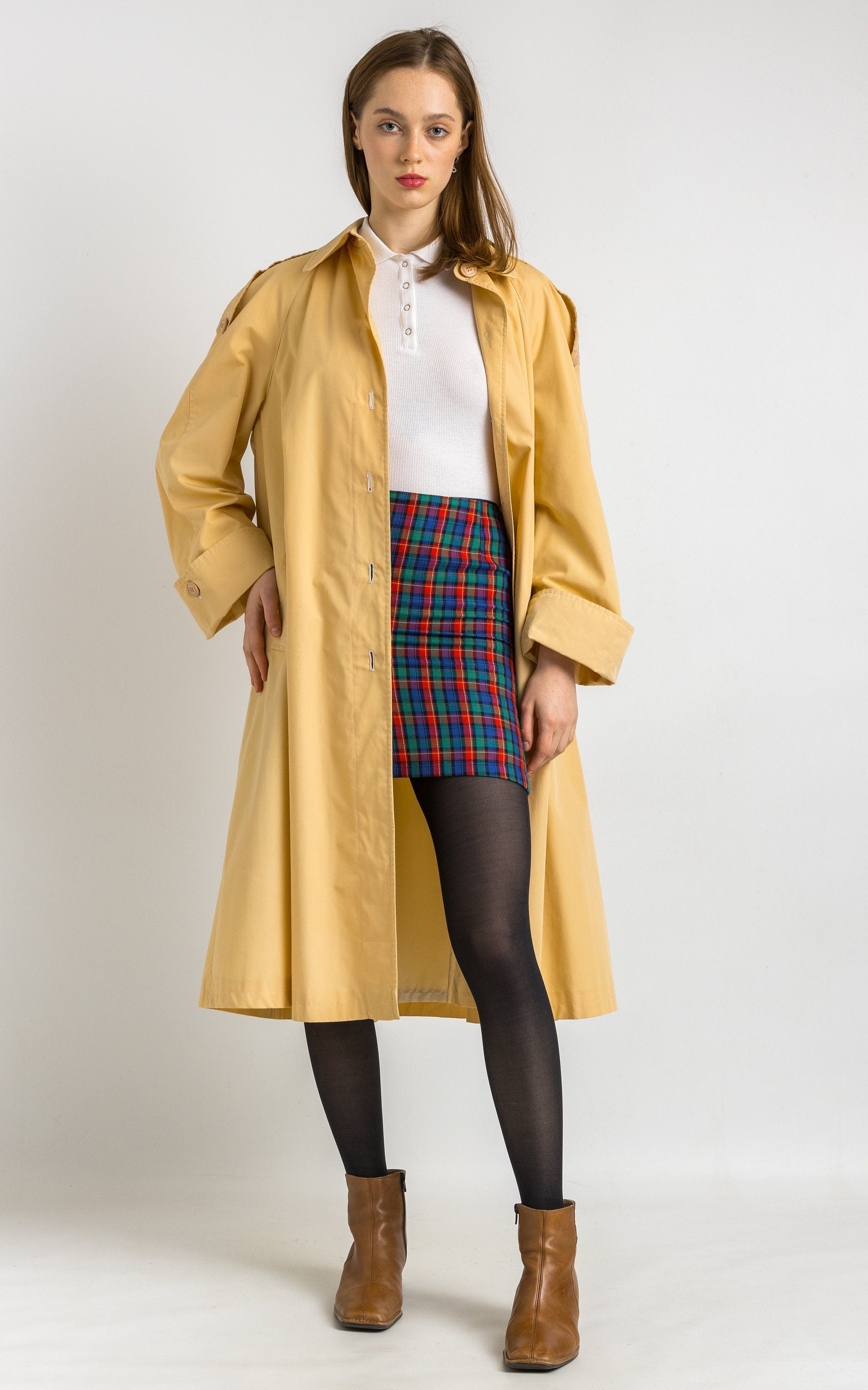 Yellow Trench Coat women vintage 80s spring coat long jacket mac coat mod outerwear lightweight long jacket vintage clothing size medium