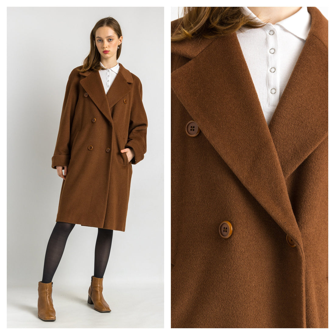 80s Woman Brown wool cashmere Coat Women 80s winter coat long wool coat outerwear maxi winter coat vintage clothing size Medium. In brown